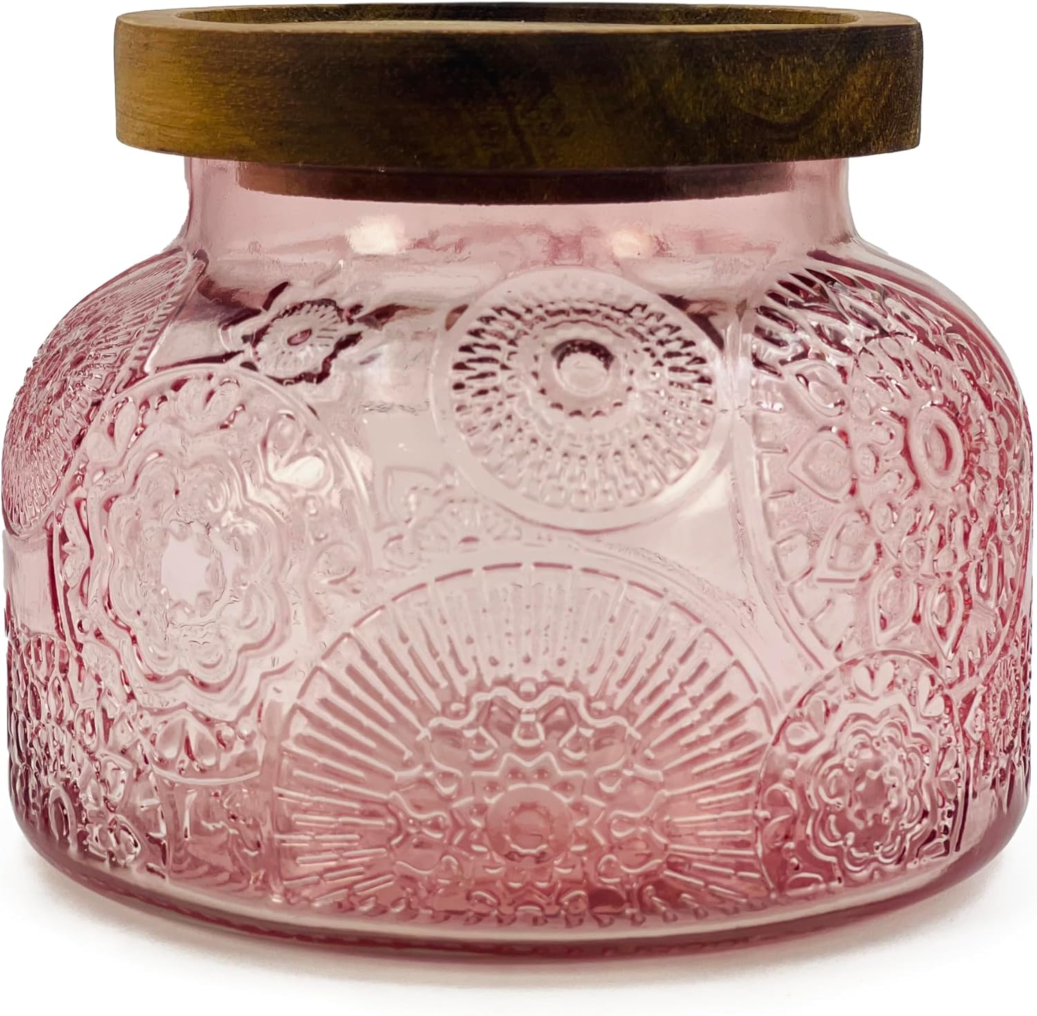 Decorative Pink Glass Jar with Airtight Wooden Lid 25.4 oz 2 pc, Wide Mouth Vintage Kitchen Food Storage Containers for Cookie Candy Honey Flour Spice Coffee Tea, Home Decor Sand Candle Holder Vase