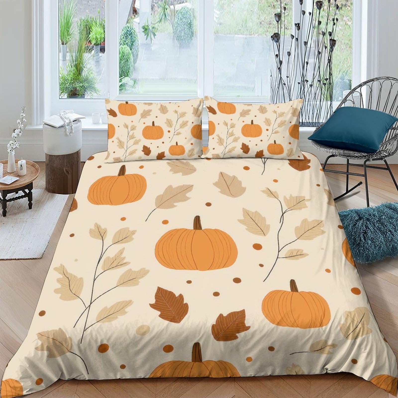 GPLZQXKJNH 3D Printed Pumpkin Autumn Leaves Duvet Cover Microfiber Soft Breathable Bedding Set with 2 Pillowcases for Bedroom Decor Single（135x200cm）
