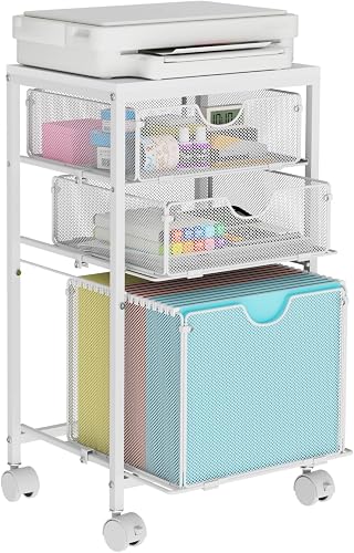 BOHDK Rolling File Cart, File Cart for Under Desk Storage, Mobile Wood & Mesh Filing Cabinet with 3 Sliding Drawer, for A4, Hanging File Folders, Printer, 14.8" L x 11.8" D x 25.3" H, White