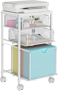 BOHDK Rolling File Cart with 3 Storage Drawers, Wood & Mesh Hanging File Folder Organizer with Wheels Under Desk, File Cabinets for Home Office, 11.81" D x 14.8" W x 25.39" H, White
