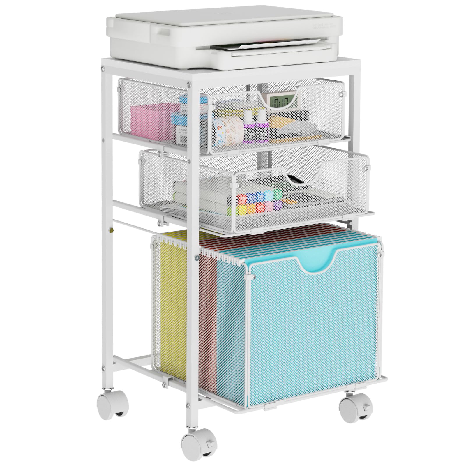 BOHDK Rolling File Cart with 3 Storage Drawers, Wood & Mesh Hanging File Folder Organizer with Wheels Under Desk, File Cabinets for Home Office, 11.81" D x 14.8" W x 25.39" H, White