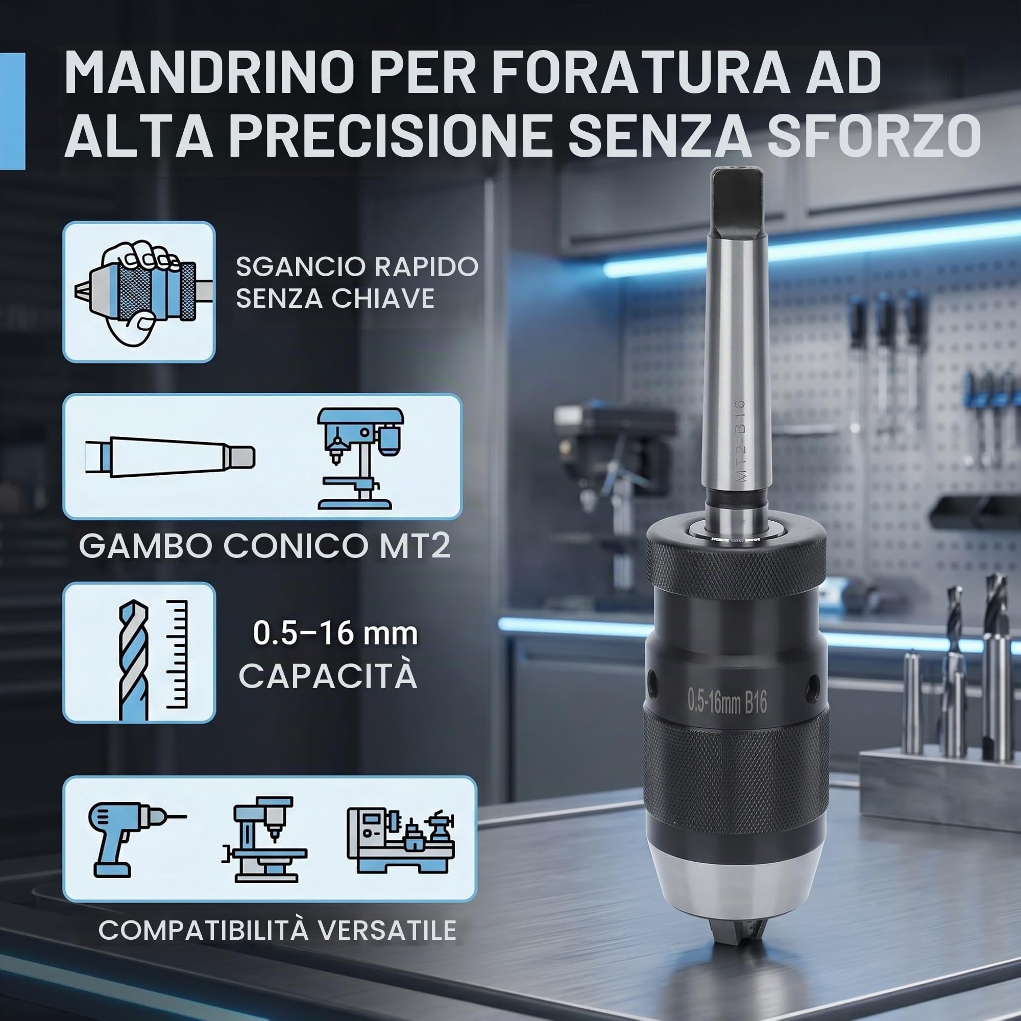 Estink Mandrino Autoserrante 0.5-16mm Cono Morse MT2 | Per trapani e fresatrici, sgancio rapido