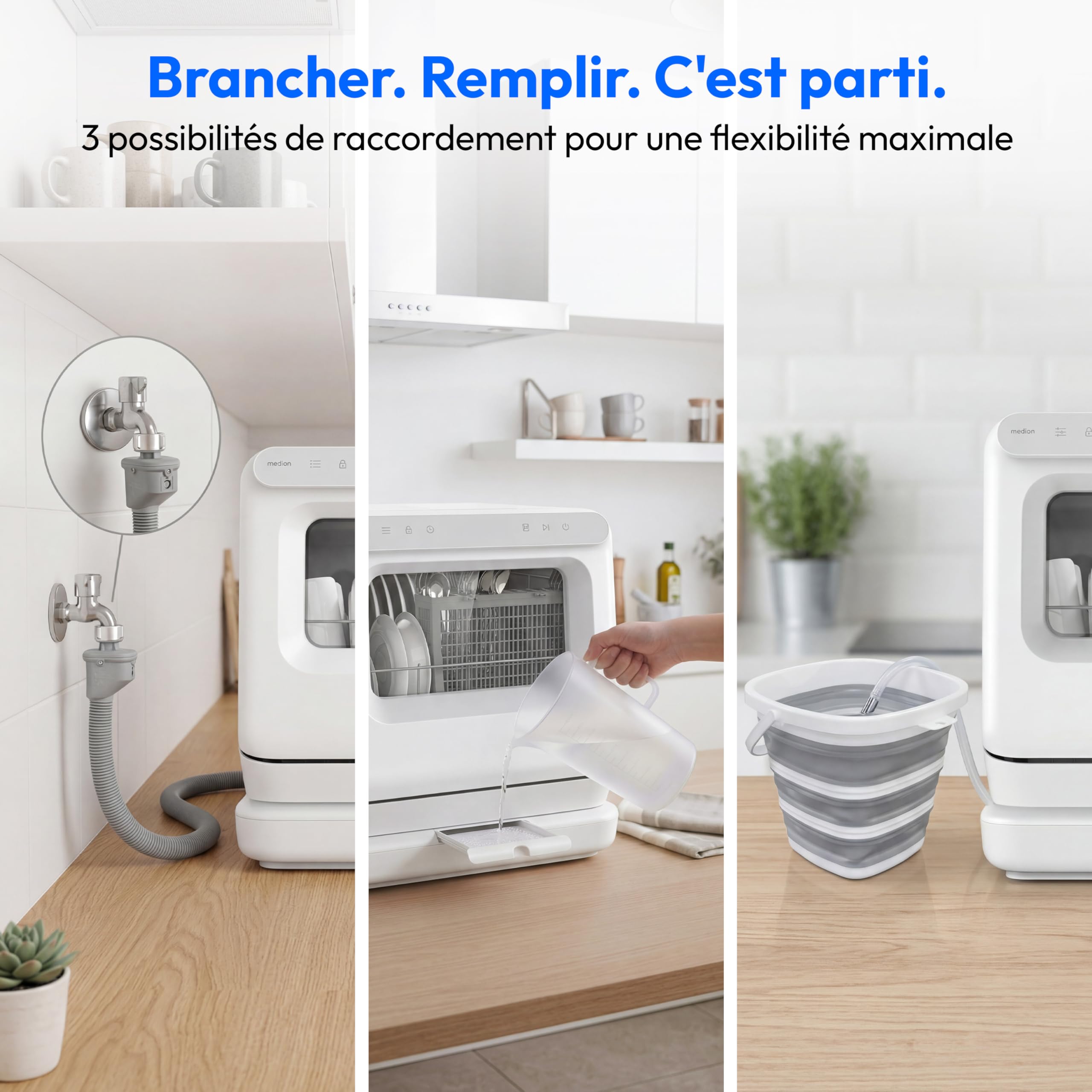 MEDION Mini Lave Vaisselle DWT30, 3 Couverts, Lave Vaisselle de Table, fonctionne avec ou sans raccordement d’eau, 6 Programmes, Lumière UV, Séchage par Ventilation, Écran Tactile, pose libre,