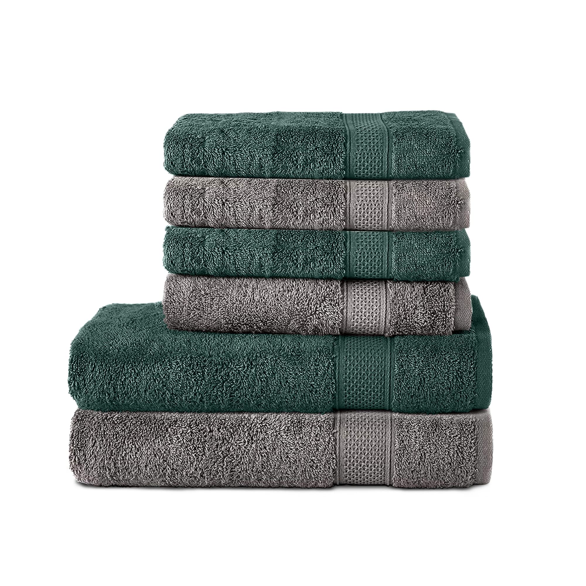 Komfortec Set di 6 asciugamani in 100% cotone, 2 teli da bagno da 70 x 140 cm e 4 asciugamani da 50 x 100 cm, spugna, morbido, antracite grigio/verde scuro