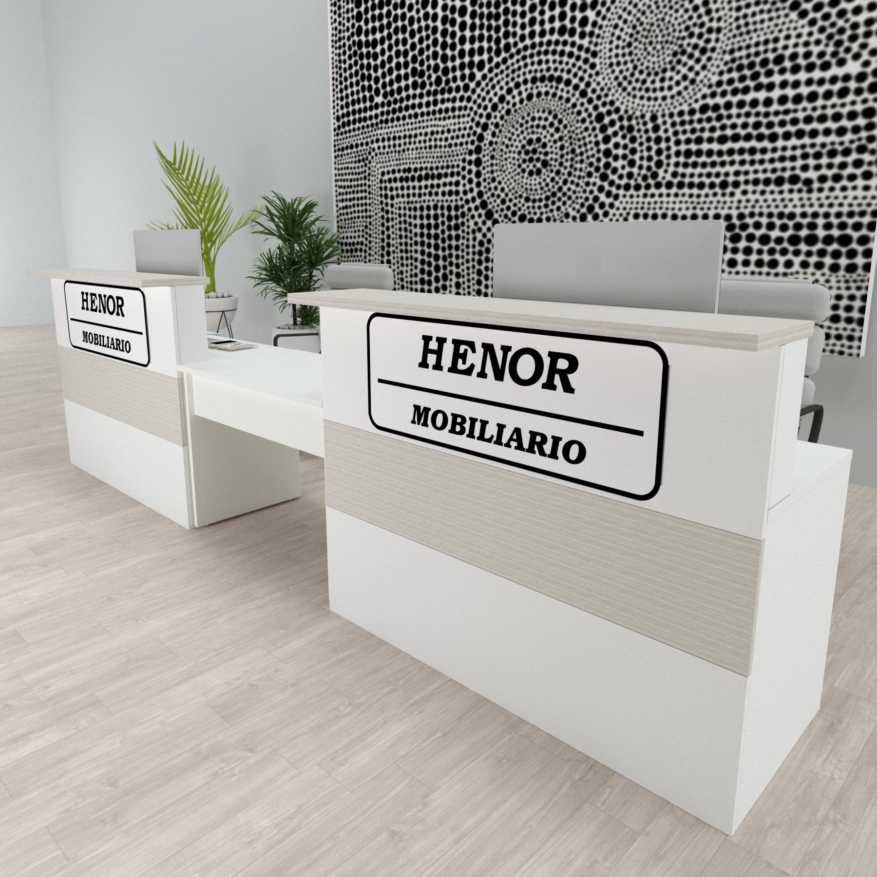 Henor Cidacos Empfangstheke Rezeption 120 x 60/75 x 110cm Holz Rezeptionstheken Empfangstisch Supermarkt Store Beauty Salon Friseur Kassentheke Büromöbel Laden-Theke Rezeptionsmöbe Weiß und Eiche Stel