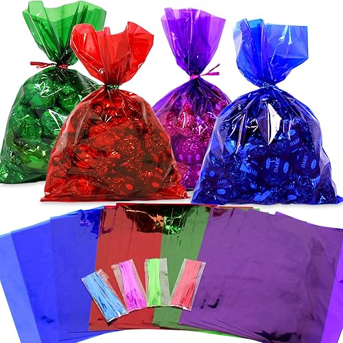 AnapoliZ Bolsas de celofán 100 piezas de colores surtidos (6 x 9 pulgadas) | Bolsas de celofán coloridas con lazos torcidos | Bolsas de celofán de