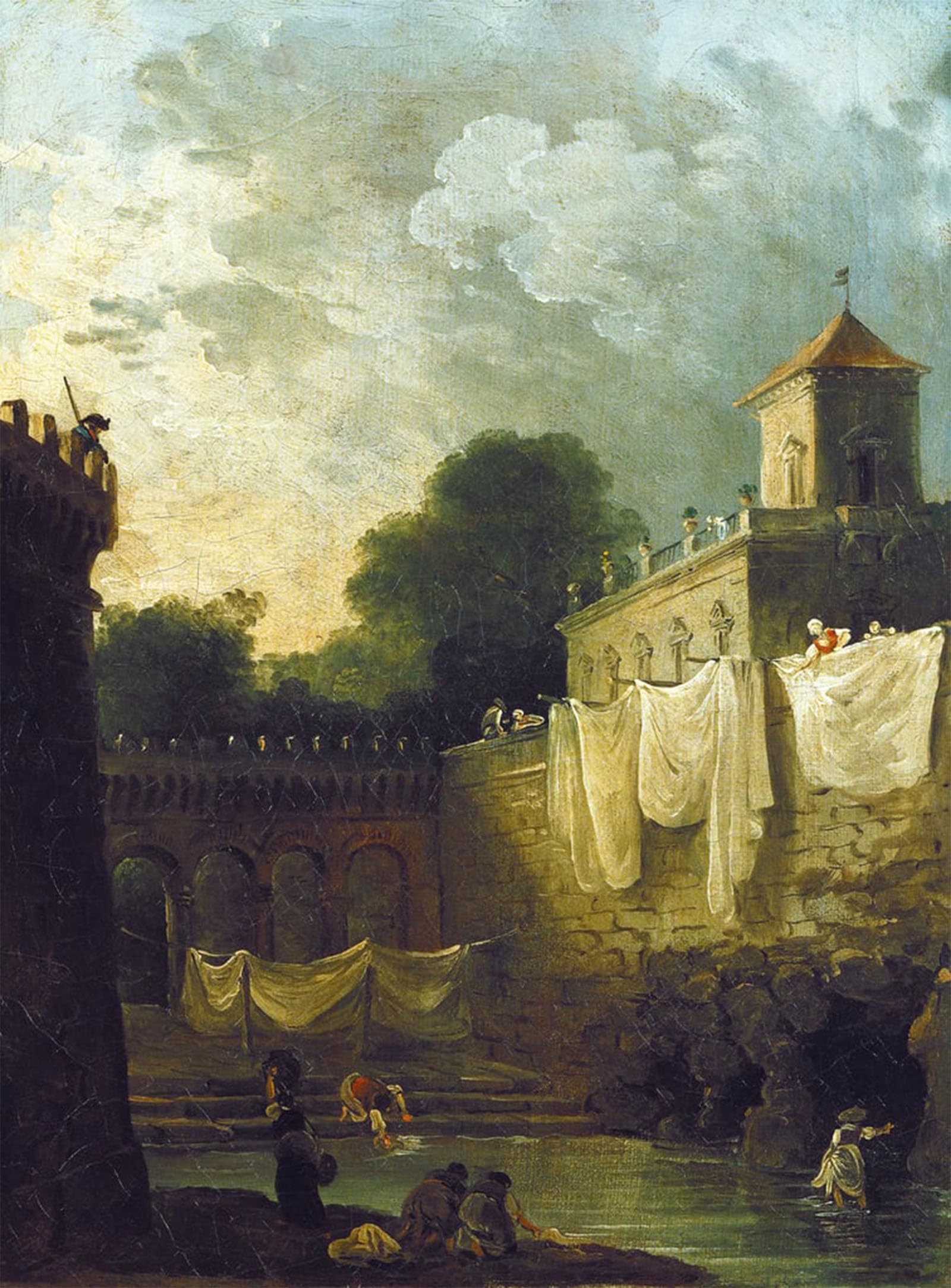 Artxlxxbn No Frame Famous Painting Canvas Artwork Graffiti Print Washerwomen In The Moat Of An Italian Villa By Hubert Robert Portrait Canvas Image For Home Decor 60X90cm