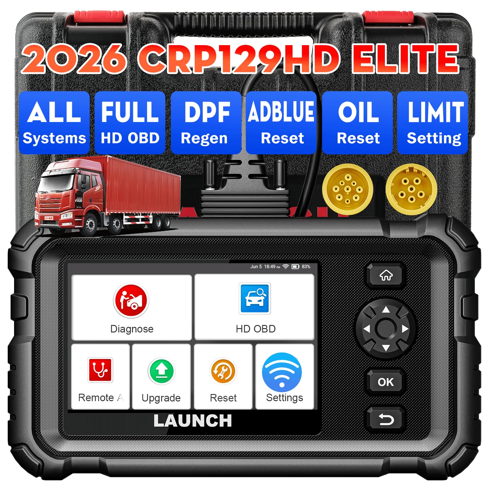 CRP129 HD Schwerlast-LKW-Scanner, Vollsystem-Diesel-Scan-Tool mit 7+ Resets, DPF Force Regen & Reset, Geschwindigkeitsbegrenzung, Öl-Reset für Cummins, Detroit Freightliner International