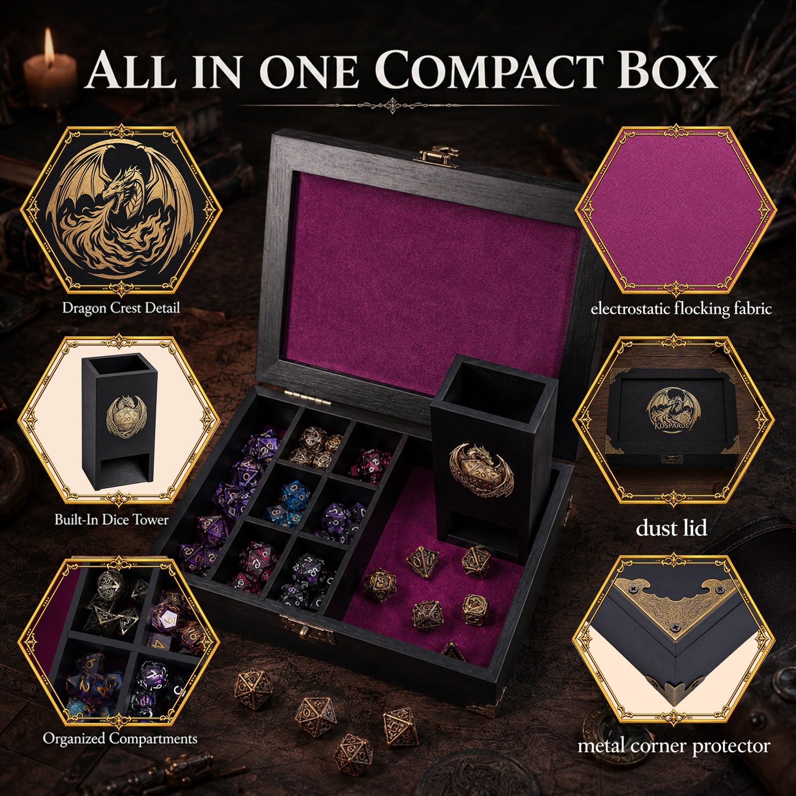Plateau à dés et tour de rangement – Étui de rangement en bois pour dés – Accessoires de RPG pour jeux de société D&D, cadeaux de joueur (violet)