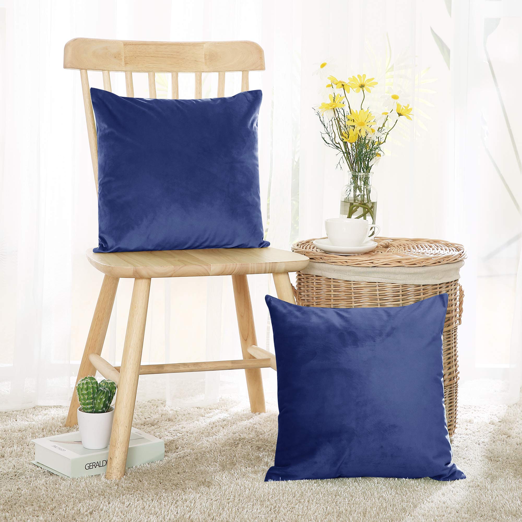 Deconovo Girls Royal Blue Set Of 2 Functional Crushed Velvet Cushion Cover Blue Throw Pillow Cases Cushion Protectors For With Invisible Zipper 45X45cm