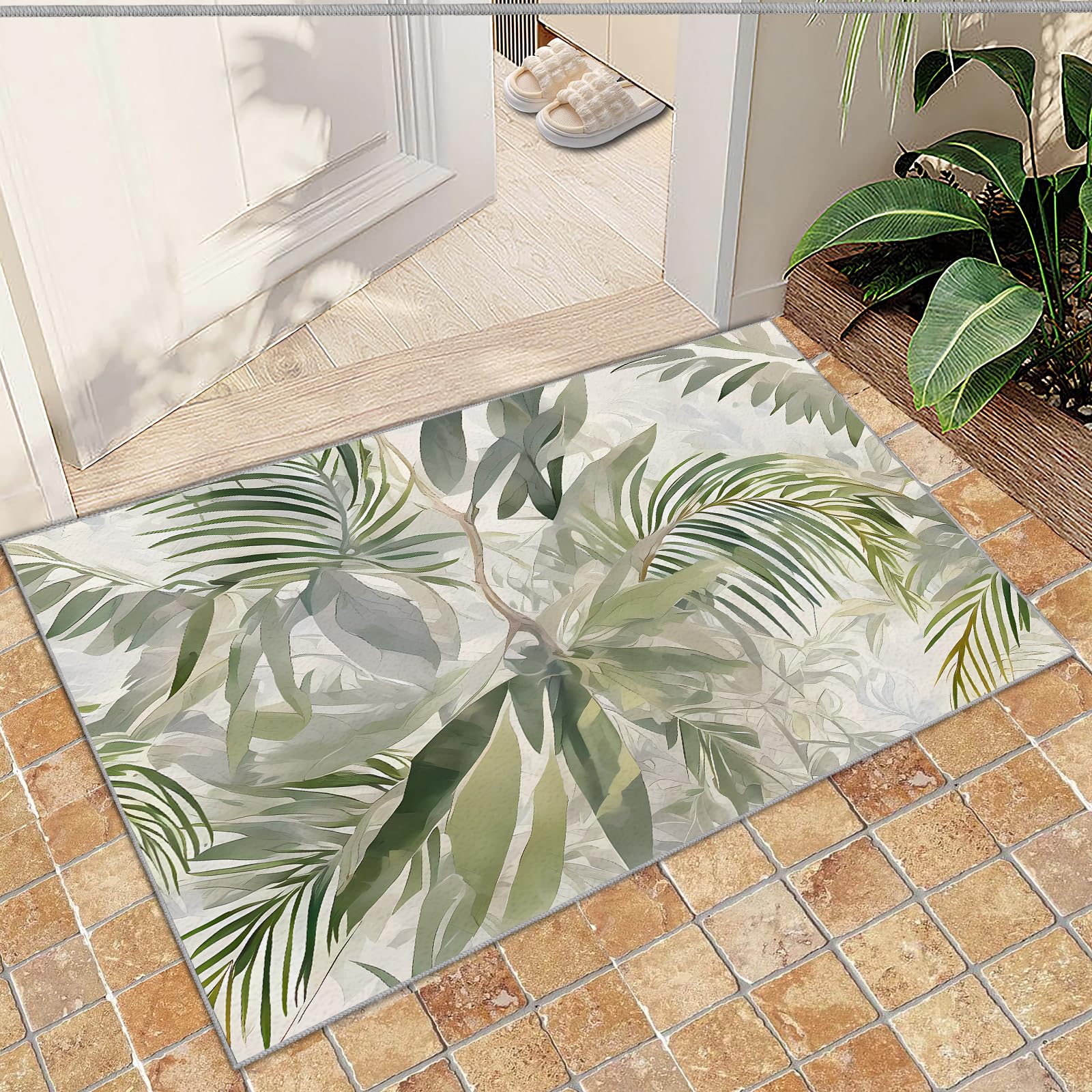 QDJKBL Entrance Rug 60 X 140 Cm Tropical Rainforest Palm Leaves Doodle, Modern 3D Plant Leaves Doormats, Entrance Carpet Comfortable Feet for Entryway — image 1