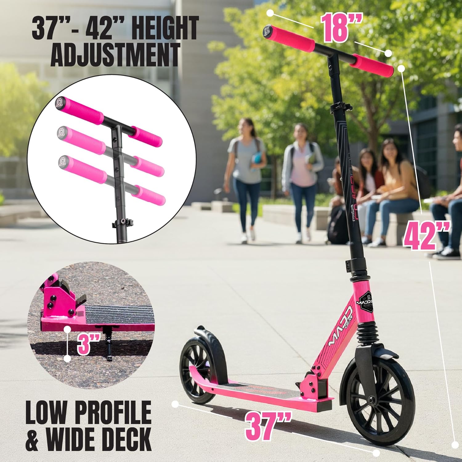 Folding Kick Scooter with Suspension for Adults and Teens – Adjustable Handlebar – Big 200mm Wheels – Lightweight Frame – 250lbs Capacity – Madd Gear Metro Cruise 250