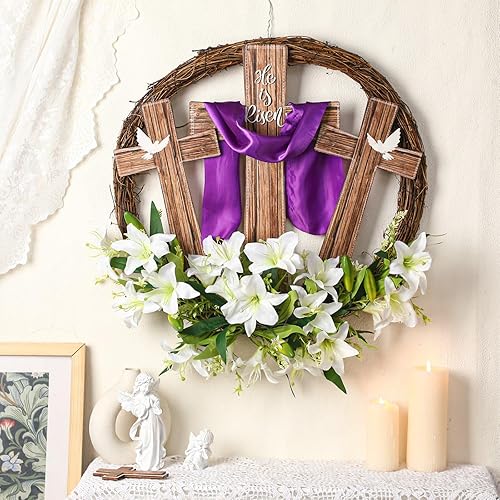 Miniatura 6 de Corona de Pascua con cruz para puerta, decoración de corona de madera con texto en inglés "He is Risen", decoración de puerta floral cristiana de