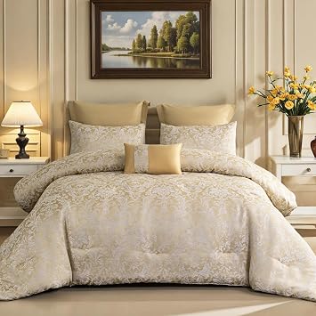ALPHA HOME Queen Size Jacquard Bedding Comforter Set - All Season Luxurious Elegance With Cushion 1 Comforter, 2 Pillow Shams, 2 Euro Shams