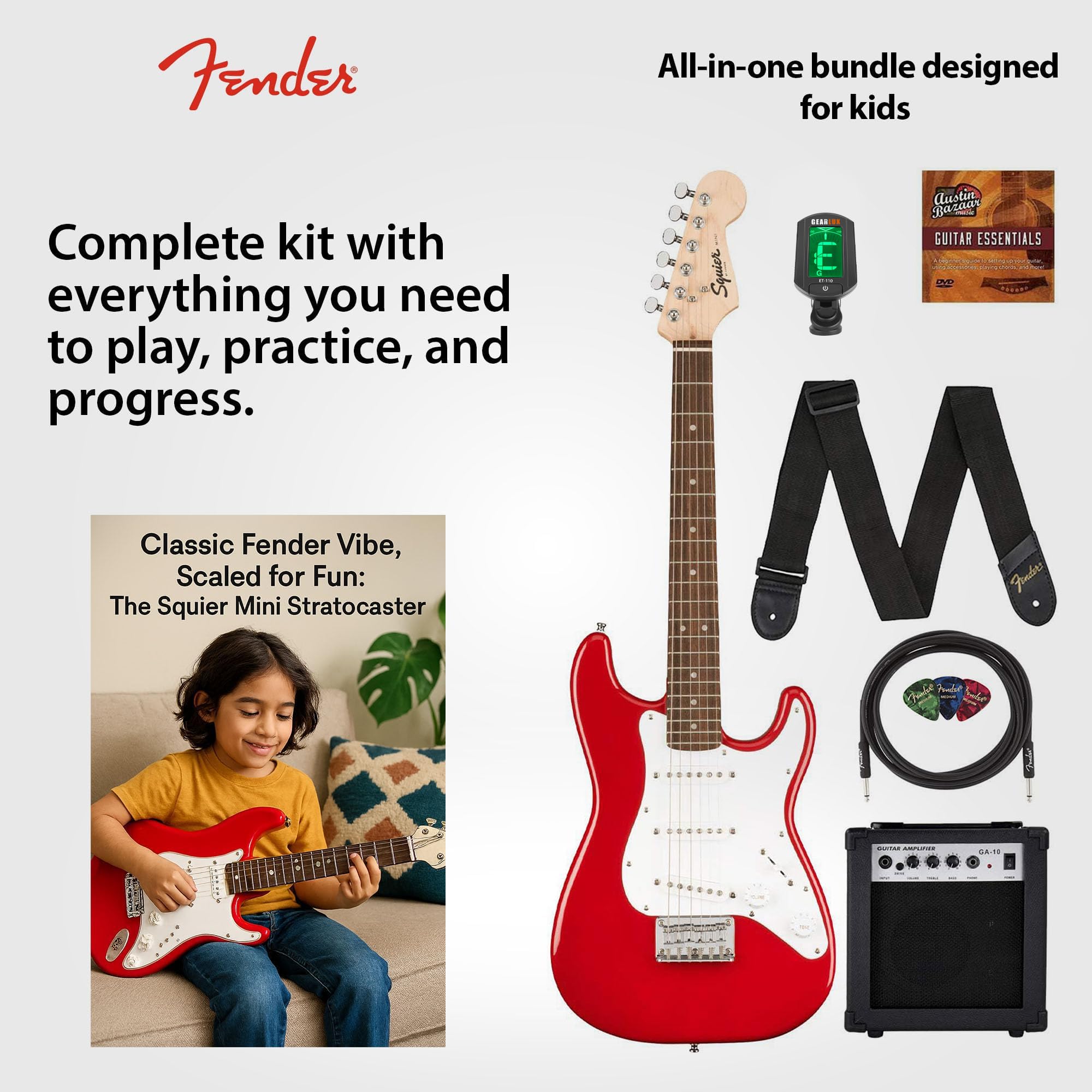 Amazon.com: Fender Squier 3/4-Size Kids Mini Strat Electric Guitar