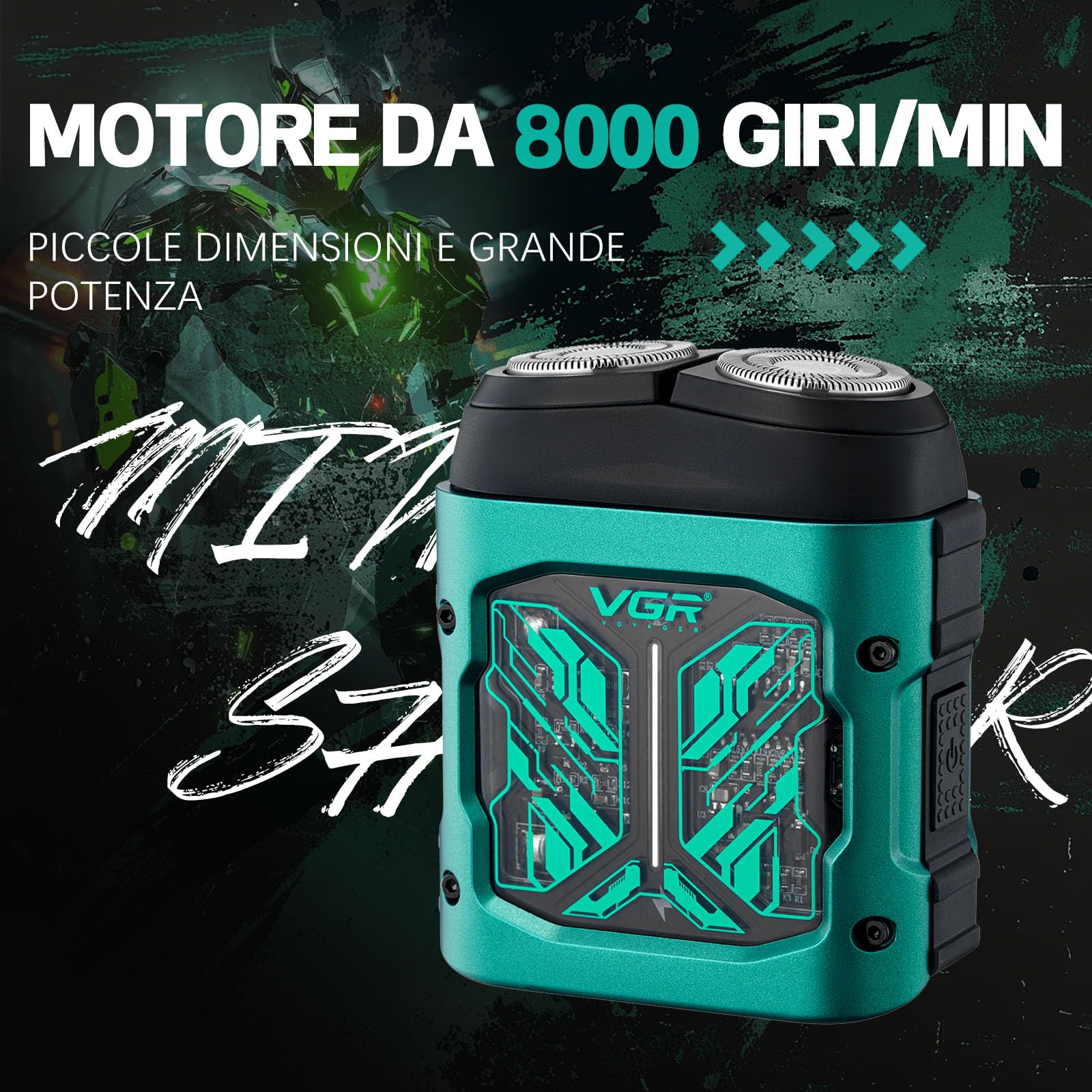 VGR 344 Mini Rasoio Elettrico Portatile da Uomo, Rasoio da Viaggio Uomo con Doppia Testina Girevole Magnetica, Viene Fornito con Borsa Portaoggetti, Impermeabile IPx6, Ricarica USB, Verde