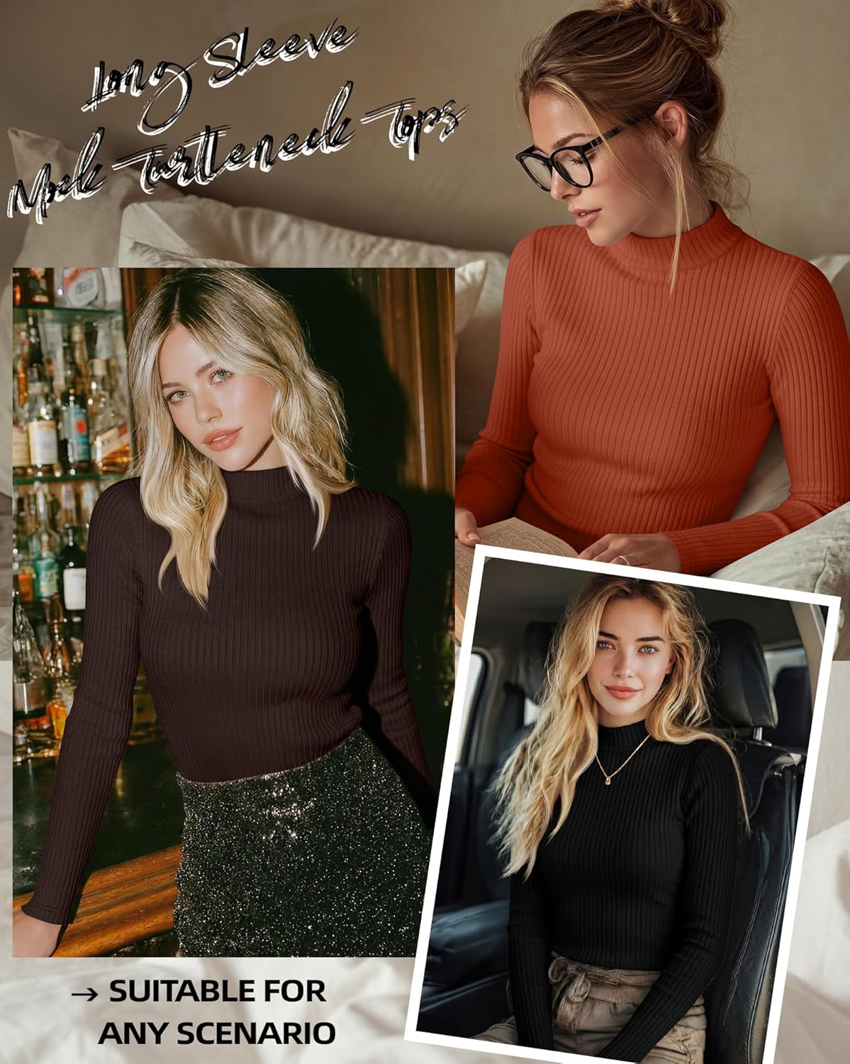 Riyiper 3 Pack Women's Ribbed Shirts, Mock Turtleneck Long Sleeve Tops Slim Fitted Undershirts Casual Basic Layering Tees - Image 4