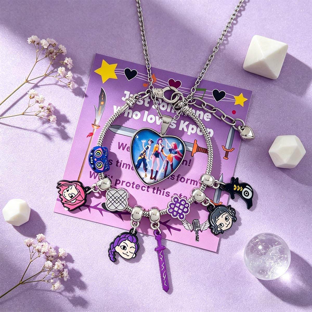 Kpop Charm Bracelet Merch Gifts, Adjustable Cartoon Bangle and Necklace Jewelry Set for Fans Women Christmas Birthday