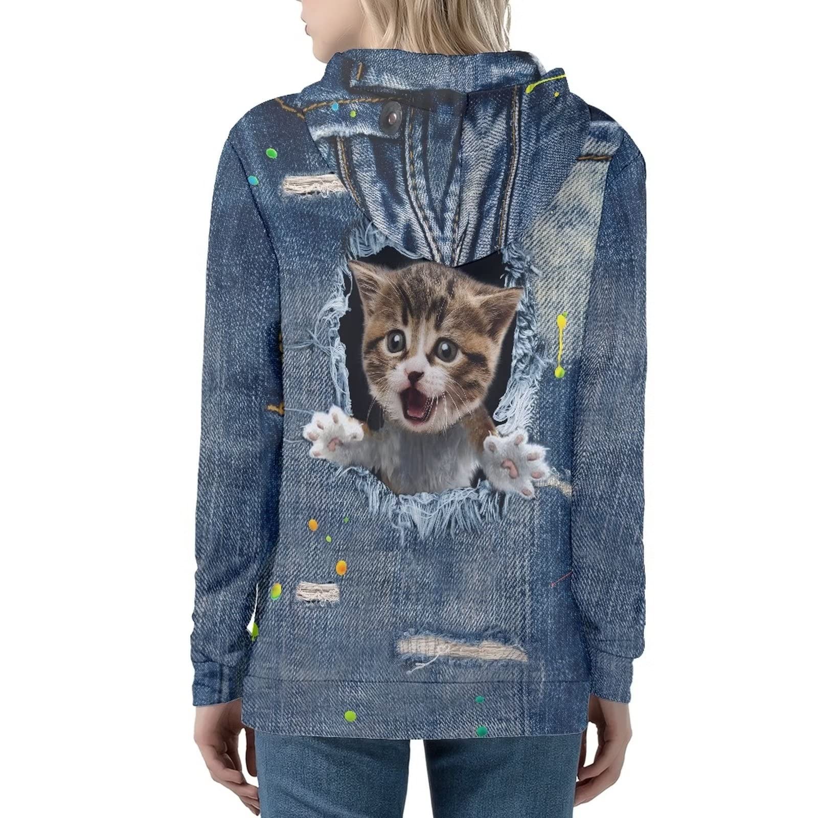 Bluza z zamkiem błyskawicznym z kieszenią na co dzień bluzy ze sznurkiem dla kobiet, bluzy z długim rękawem rozmiar XS-5XL, Kociak dżinsowy, XXL