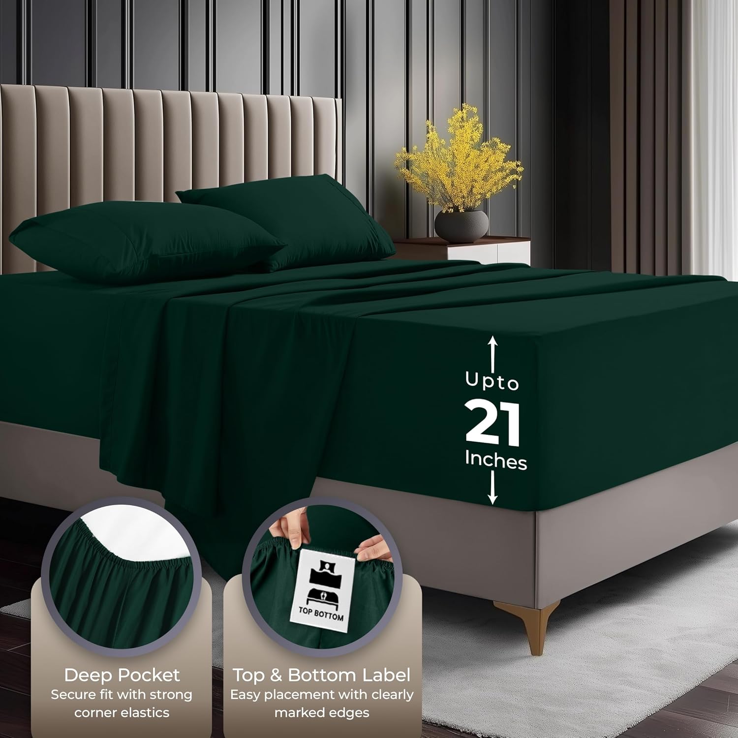 Utopia Bedding Queen Size Extra Deep Pocket Sheet Set – Fits Mattresses Up to 21 inches – Cooling, Soft & Breathable – Oeko-Tex 4 Piece Bed Sheets (Emerald)