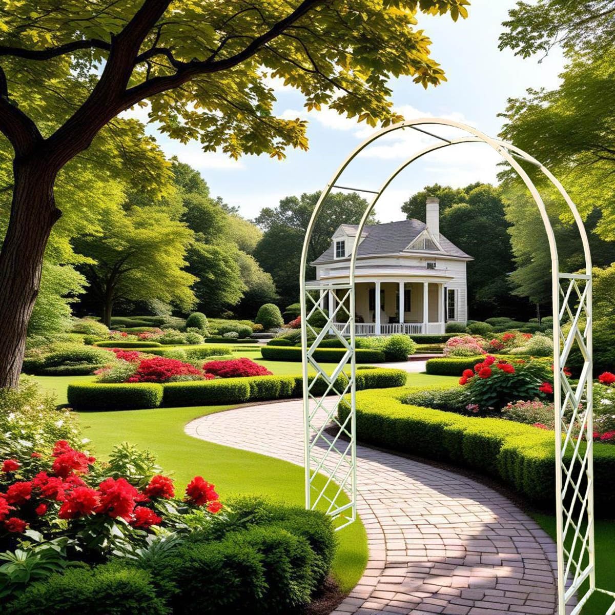 Tonnelle épaisse en blanc 300 x 240 cm idéale pour ombrager une allée de roses grimpantes