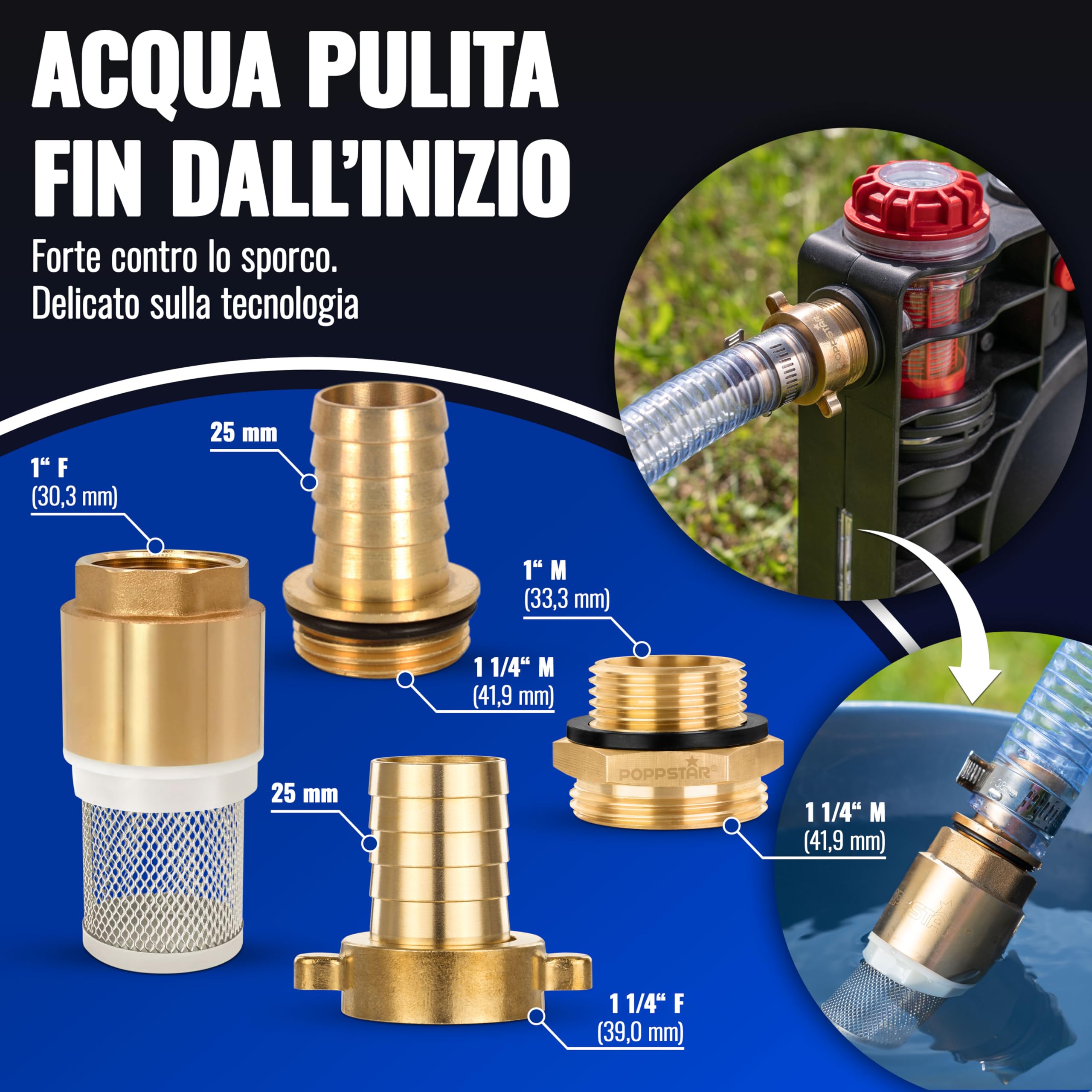 Tubo di aspirazione 1" 7m, diam. int./est. 25mm/33mm, spess. parete 4mm, incl. cestello aspirazione inox valvola ritegno, dado raccordo diam. int. 1 1/4" (41,9mm), riduttore diam. est. 1" (33,3mm)