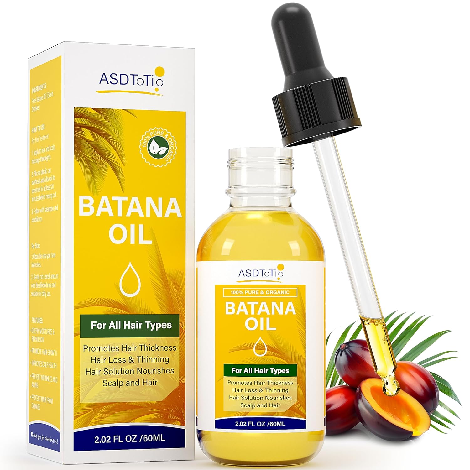 Raw Batana Oil for Hair Growth- 100% Organic & Natural, Dr. Sebi Batana Oil - Prevent Hair Loss, Moisturize Scalp, Eliminate Hair Split Ends Hair for Men & Women, All Hair Types 2 FL OZ
