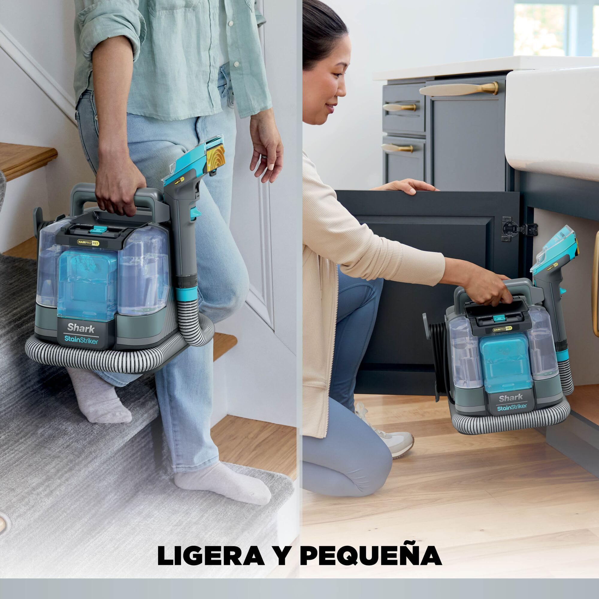 Shark StainStriker HairPro Pet Limpiador Portátil para Manchas y Pelo de Mascota - Succión de 450 W y Herramienta Extractora de Pelo - Incluye 4 Accesorios y 2 Soluciones de Limpieza - Gris, PX250EUCP