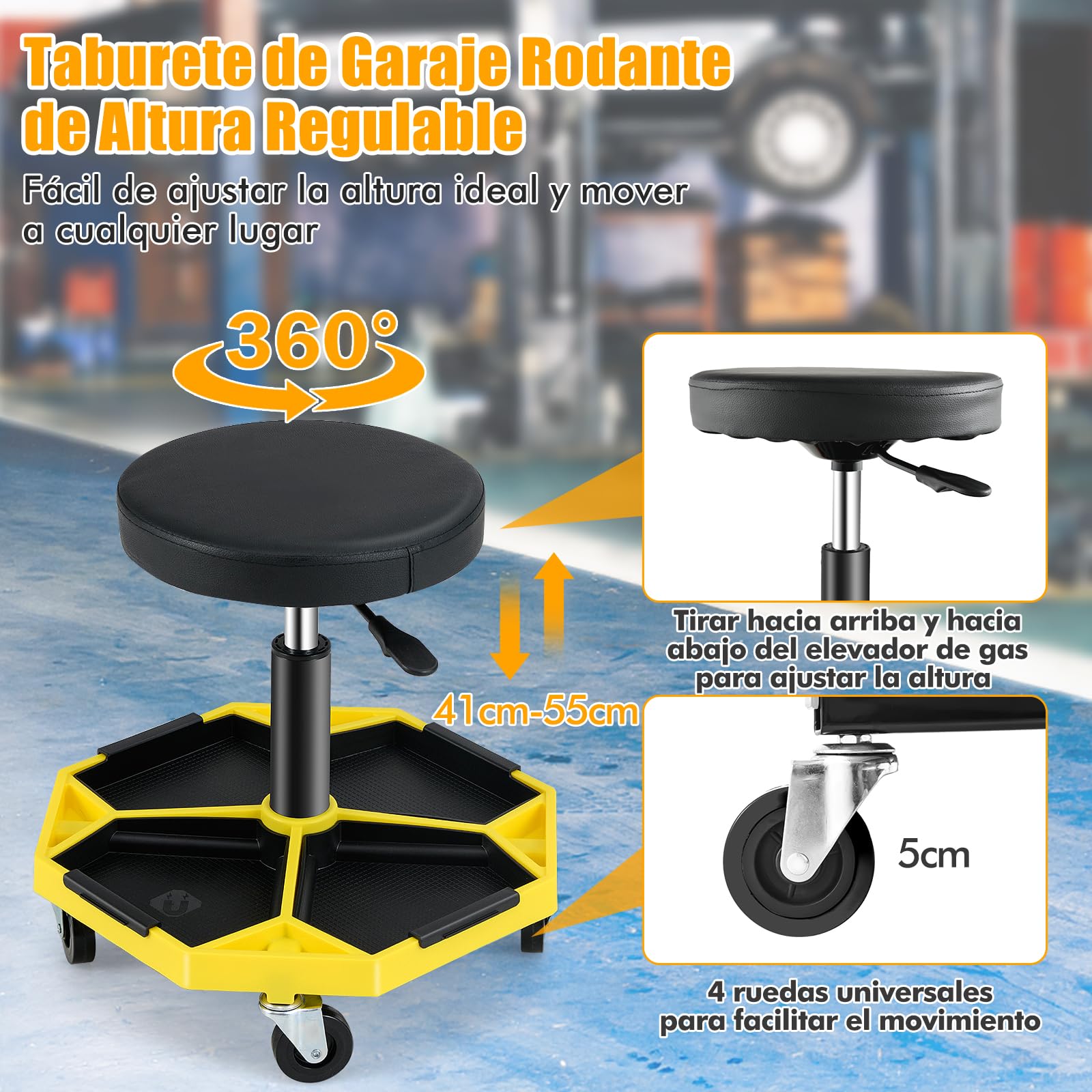 GOPLUS Taburete de Mecánico con 4 Ruedas, Taburete de Taller con Bandeja de Herramientas, Carga 150 kg, 50,5 x 50,5 x 41-55 cm, Ajustable, Asiento Mantenimiento para Coches Garaje (Negro + Amarillo)
