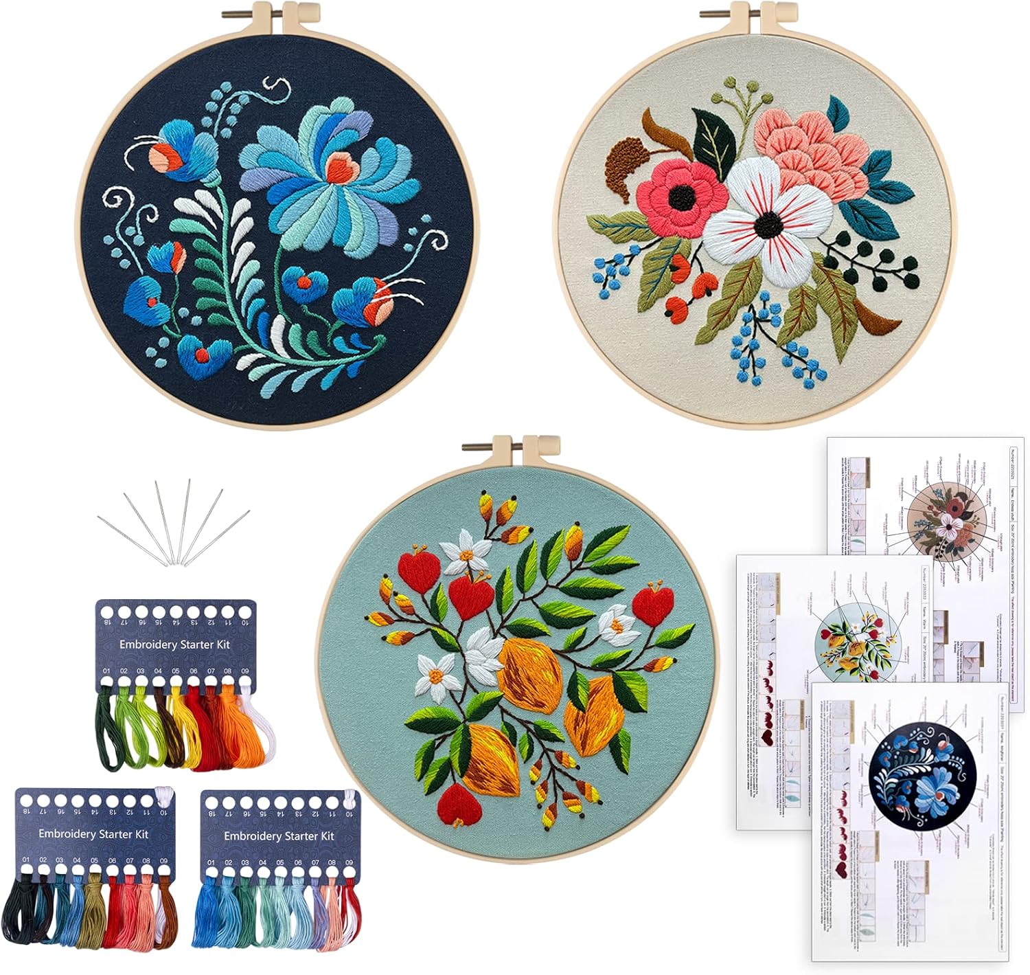 chfine Embroidery Starter Kit for Beginners, 3 Sets Cross Stitch Kits for Adults Include Stamped Embroidery Cloth with Floral Pattern, 3 Embroidery Hoops, Color Threads, Needles and Instructions