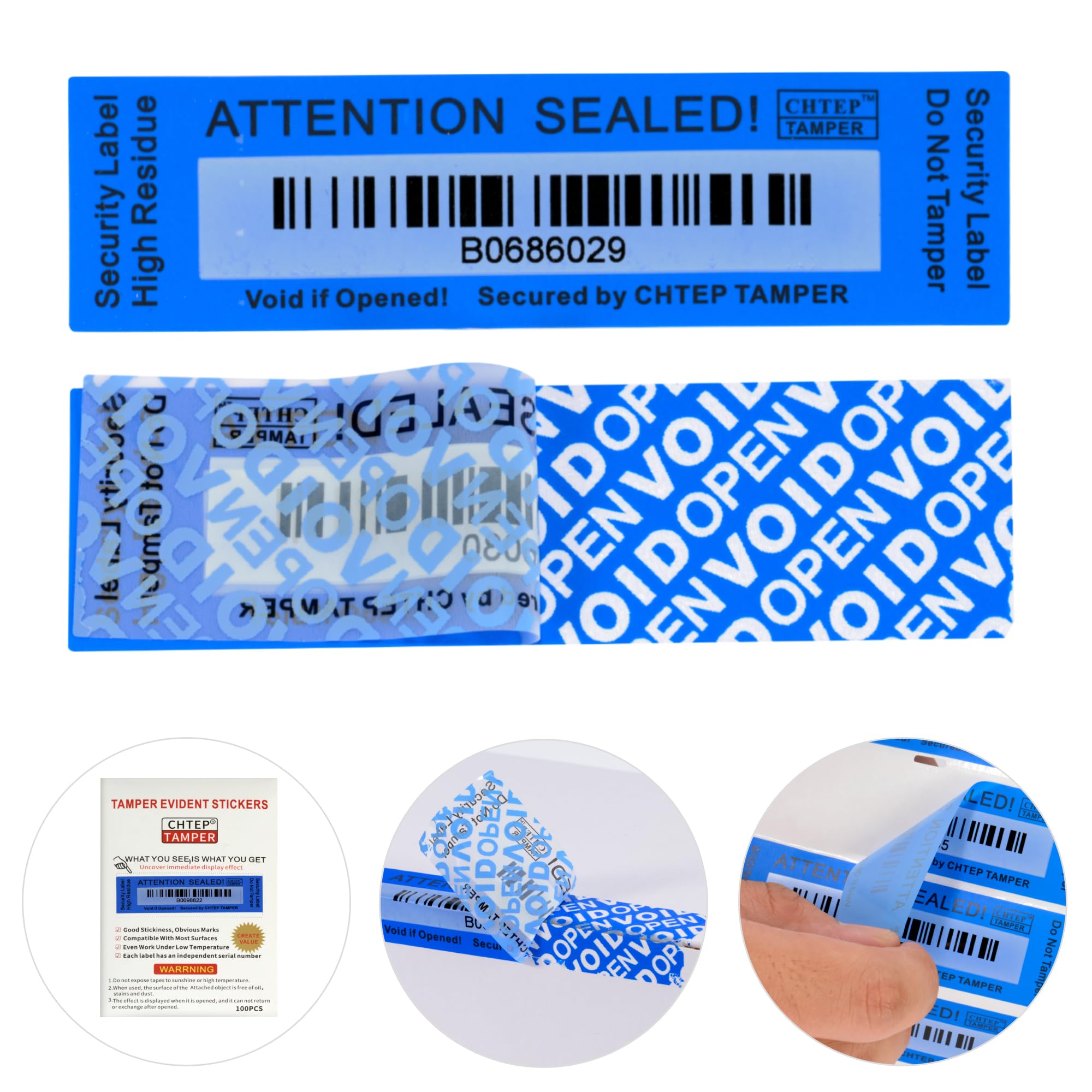 CHTEP TAMPER 100pcs 100% High Residue Evident Security Warranty Void Stickers/Labels/Seals (25 * 90mm, Blue)