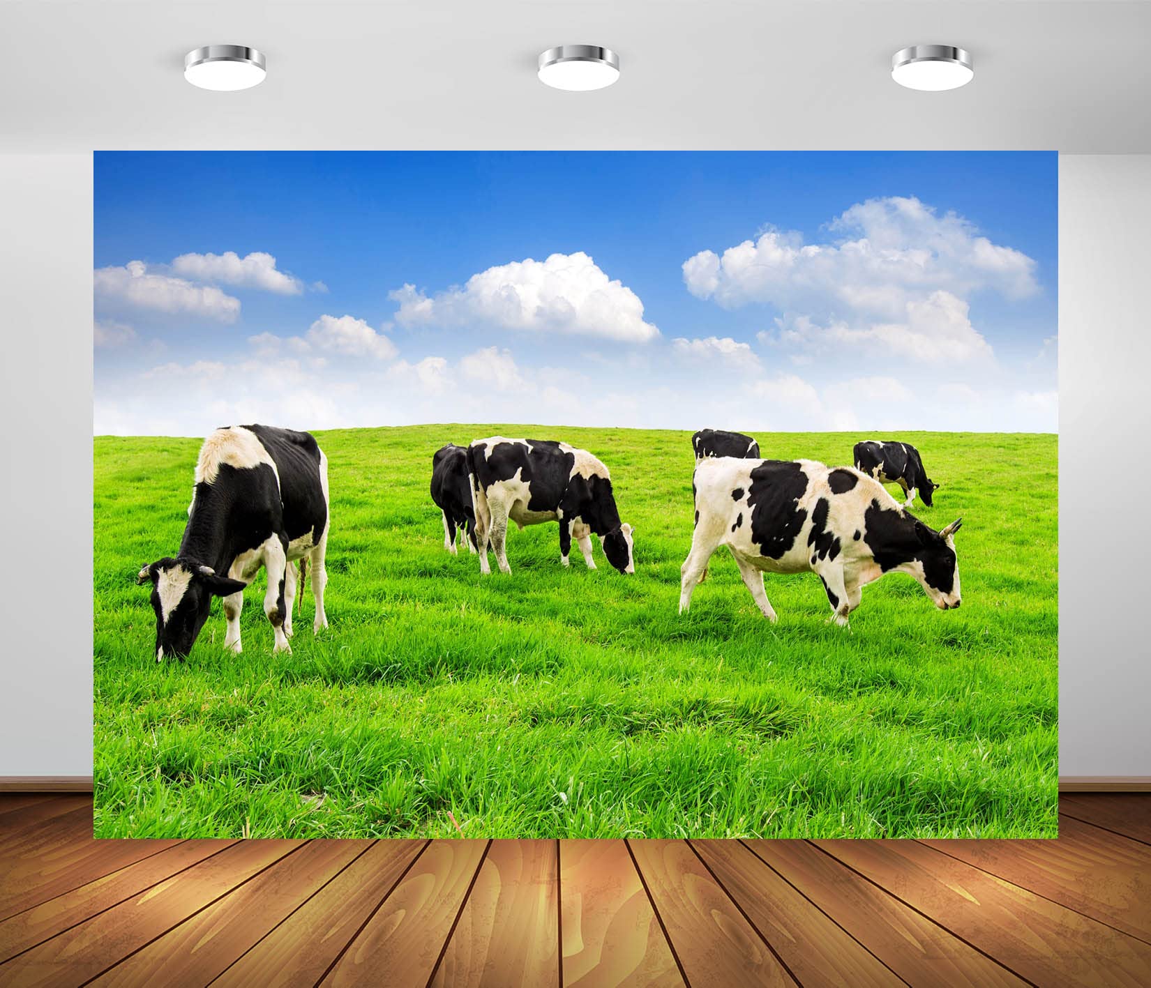 BELECO 7x5ft Fabric Green Field Cows Backdrop for Photography Green Summer Meadow Blue Sky White Clouds Cows Grazing Background Backdrop Farm Cows