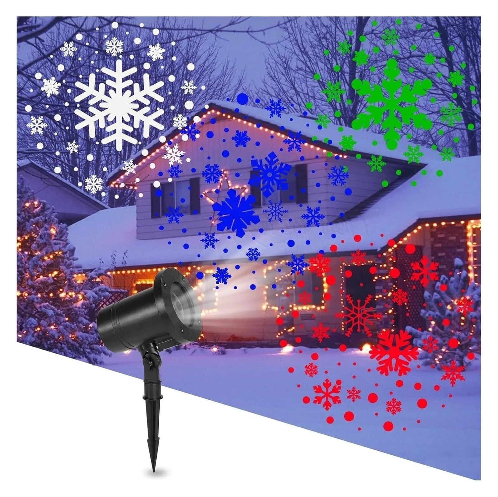 Projector Lights, IP65 Waterproof Outdoor Snowflake LED Rotating White Snow Falling Projection(Colorful Snowflakes)