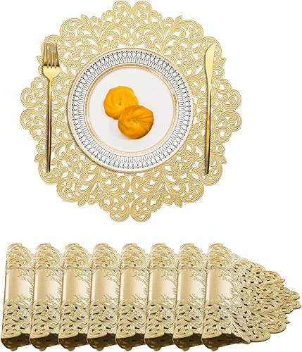 Miniatura 11 de BACKTOEDEN Juego de 6 manteles individuales redondos de color dorado claro, lavables, limpiables, resistentes al calor, manteles individuales de