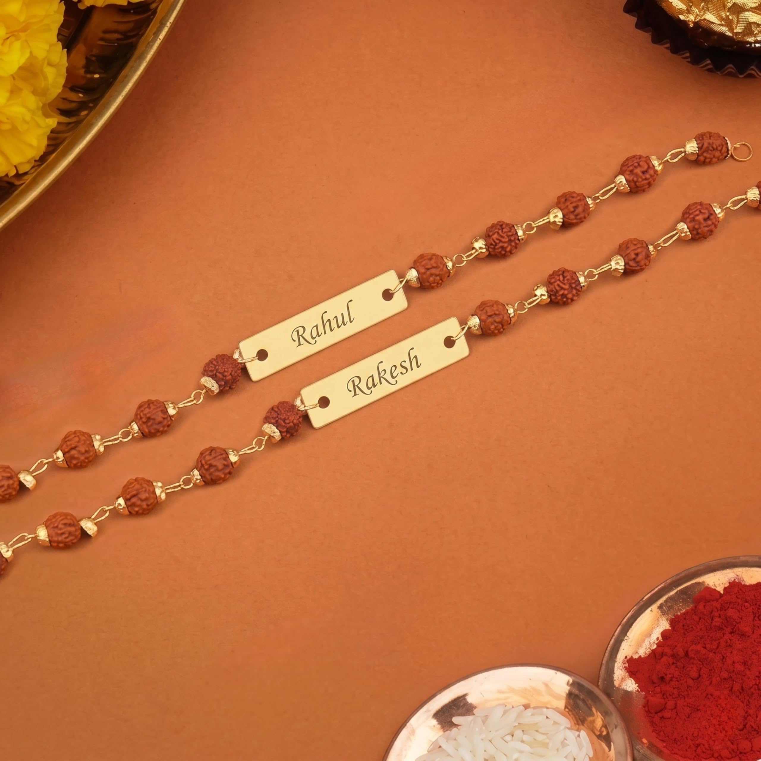 Personalized Rudraksha Rakhi Bracelet with Name, Radha Bracelet for Brother, Customized ID Bracelet with Rudraksha Beads, Gold
