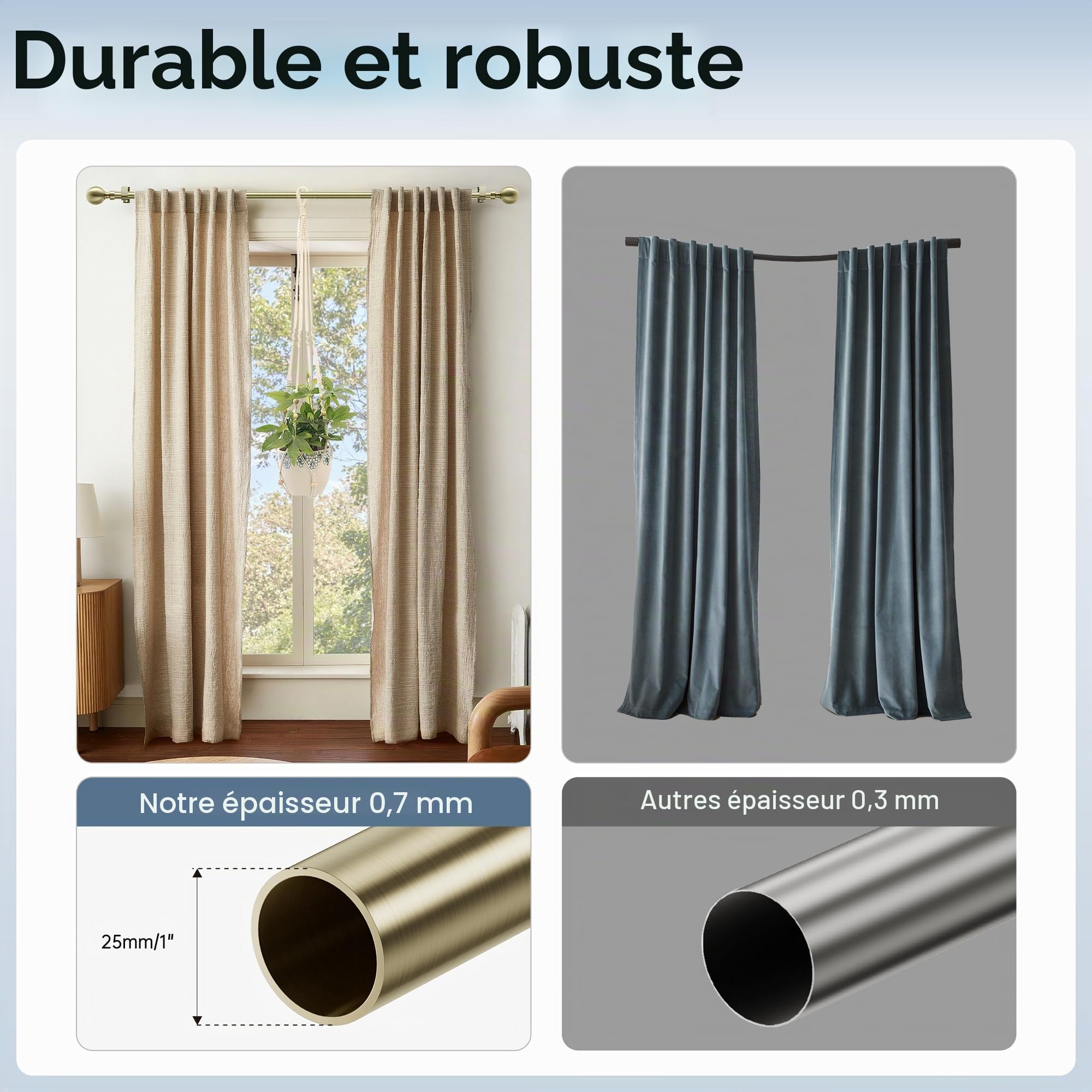 Tringle à rideaux extensible de 76 à 208 cm, diamètre 25 mm, tringle à rideaux réglable avec embouts en métal de 60 mm pour rideaux à œillets, tringles à rideaux robustes pour chambre à coucher,