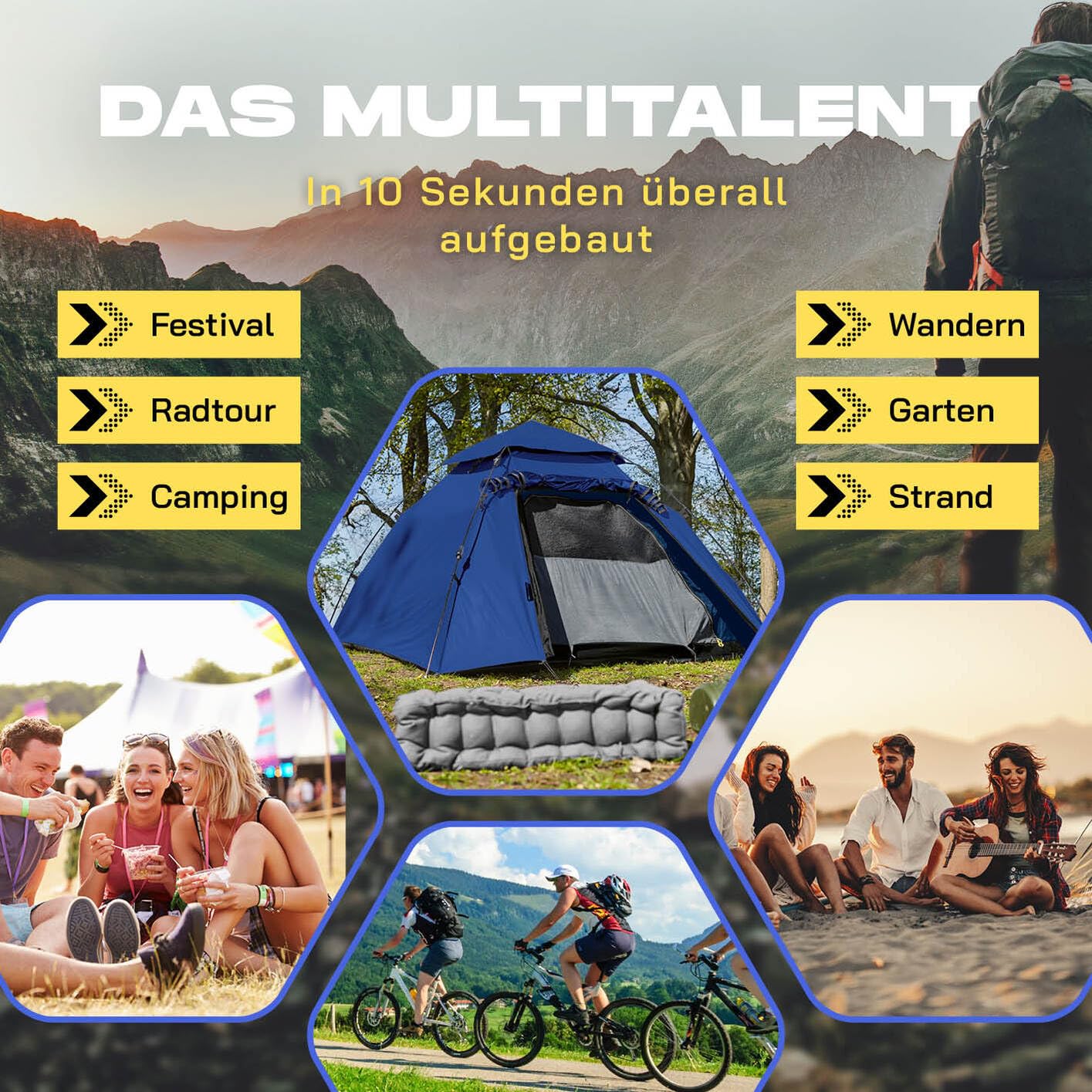 Lumaland Pop Up Camping Zelt | 2-3 Personen Kuppelzelt 215 x 195 x 120 cm| 4 Jahreszeiten Igluzelt | Outdoor Trekking & Festival Wurfzelt | Leicht, Wasserdicht & Robust | Aufbau simpel, schnell