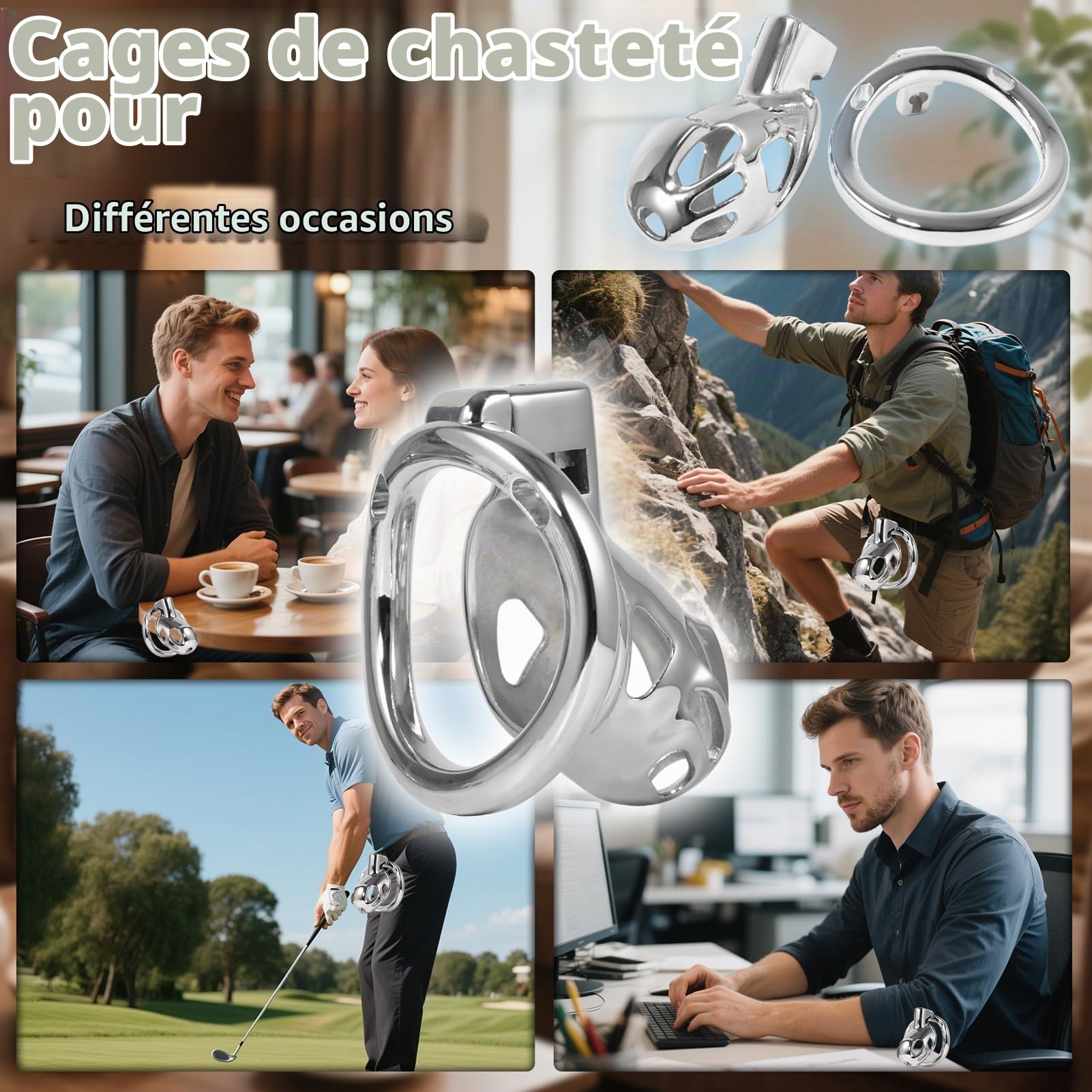 Cage de chasteté en métal pour hommes avec ceinture antidérapante, anneaux réglables et serrure, ceinture de chasteté en acier inoxydable pour hommes, Cock Cage SM Bondage Sex Toy