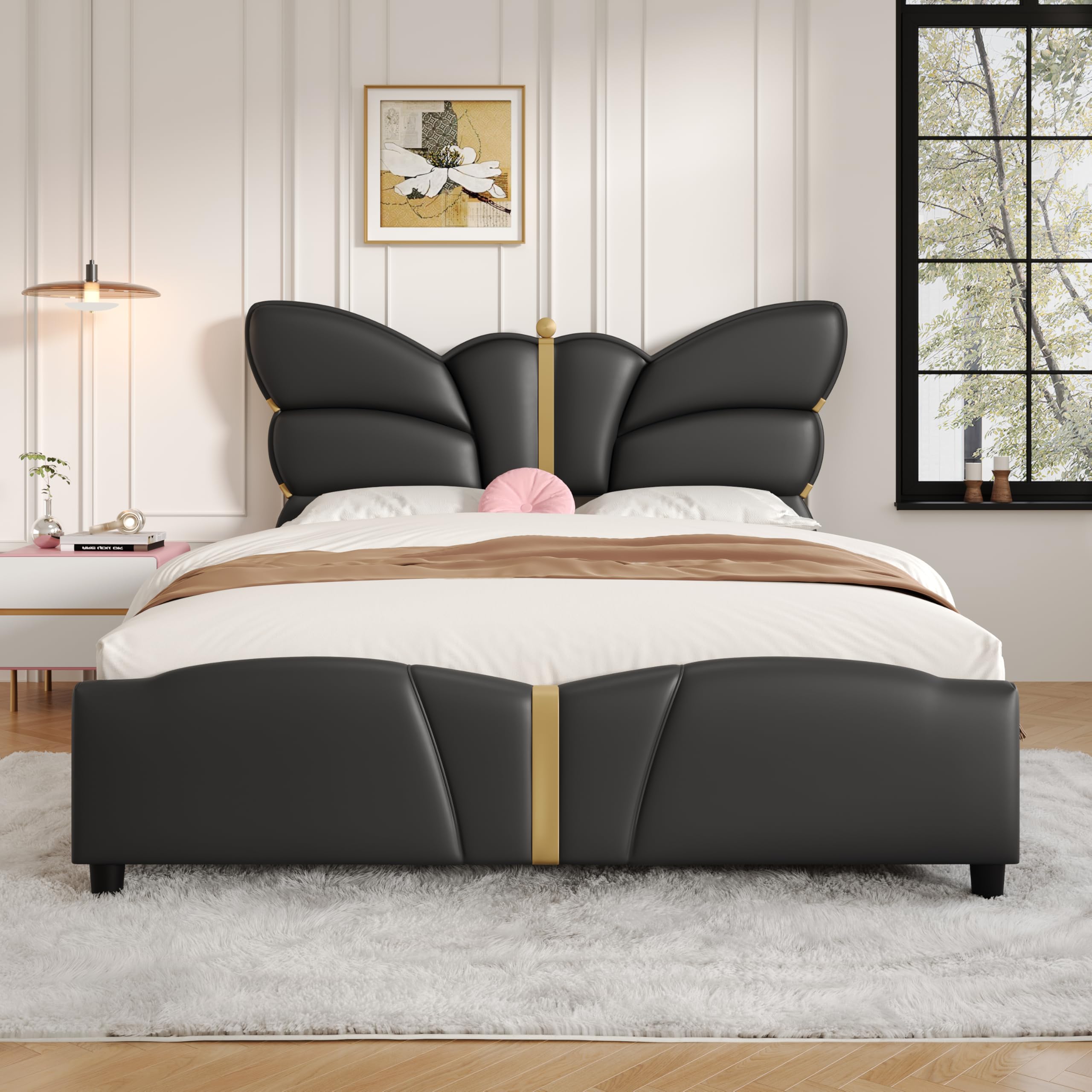 Christopher Knight Home Olimo Faux Leather Queen Size Bed, Butterfly Shaped Queen Size Headboard and Footboard, Slat Panel Support Plarform Bed, No Spring Box Needed, Easy Assembly, 800lbs Black