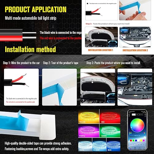 Miniatura 7 de Tira de luces LED para capó de automóvil, 70 pulgadas, RGB multicolor, luces exteriores de automóvil con luz dinámica de circulación diurna A