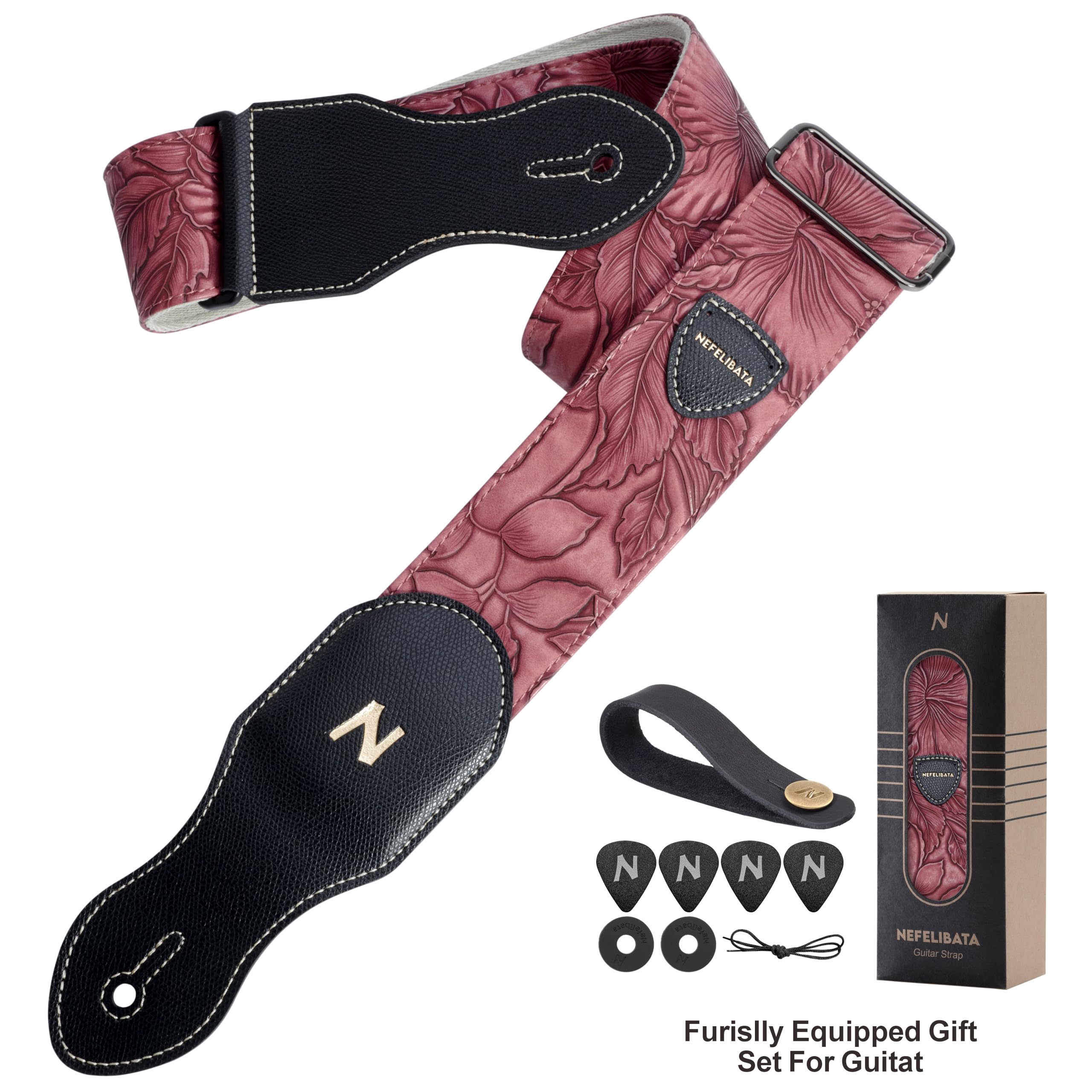 Nefelibata Correa de guitarra,2.3" de cuero tallado estilo Porter, púa de guitarra,botón de correa y cierre de correa