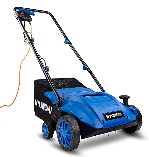 Hyundai 1500w 32cm Electric Lawn Scarifier / Aerator / Lawn Rake, 320mm Working Width, 4 Adjustable Scarifying Heights, Foldable Handles With 3 Year Warranty