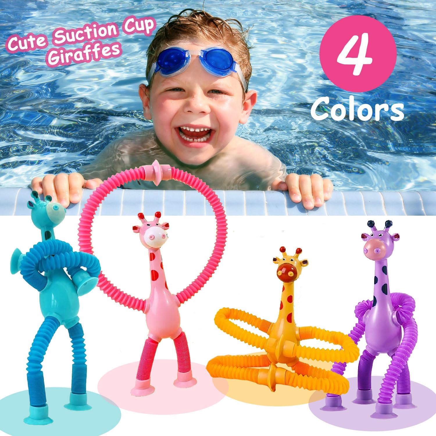 Suction Cup Giraffe Toy, 4 Packs Pop Tubes Sensory Fidget Animal Toys for 3 4 5 6 Year Old Boys Girls Toddlers Birthday Gifts Travel Essential Stretchy Robots