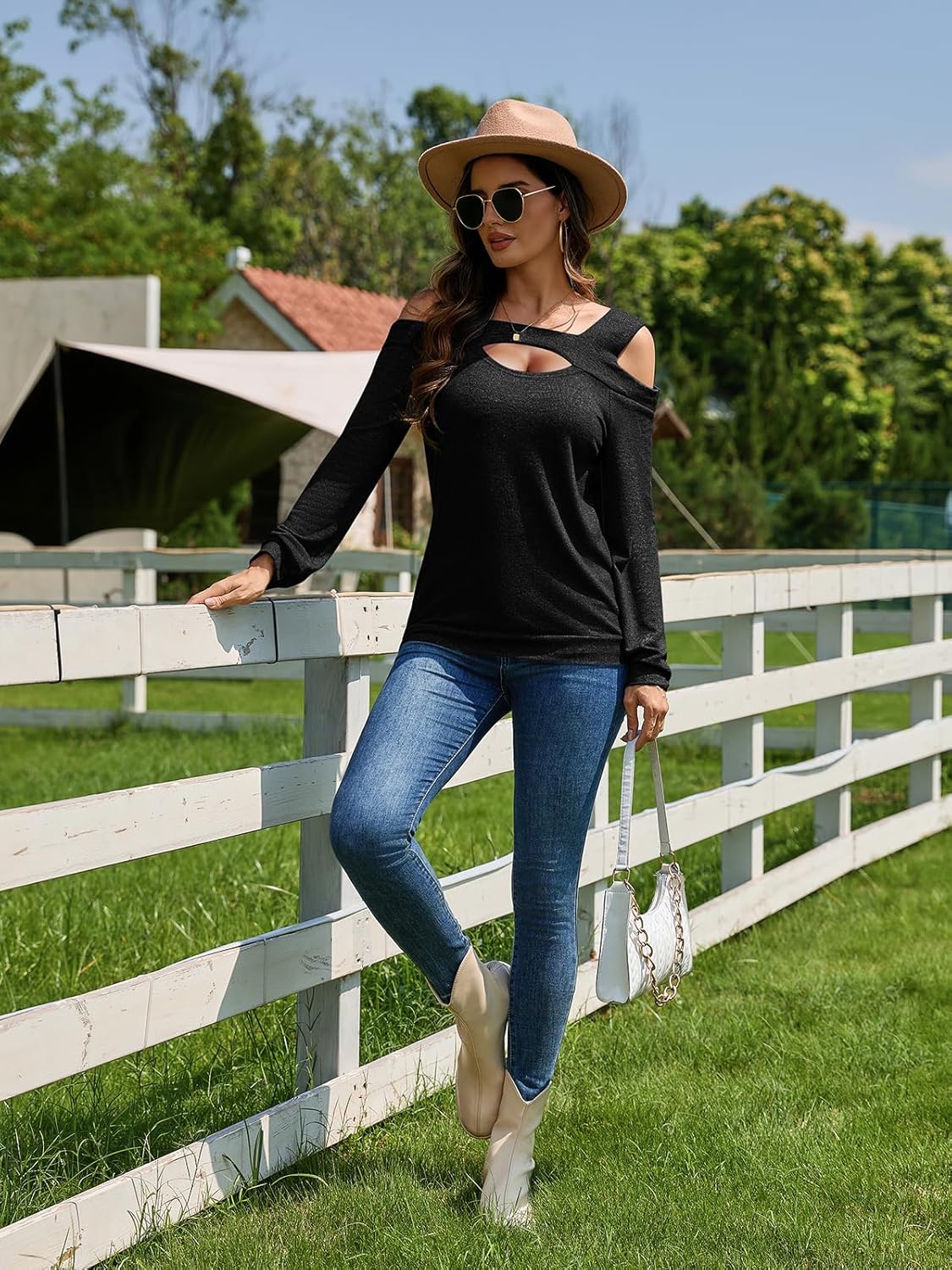 Womens Cold Shoulder Tops V Neck Long Sleeve T-Shirts Off Shoulder Tunic Top Basic Tees Casual Blouse - Image 5
