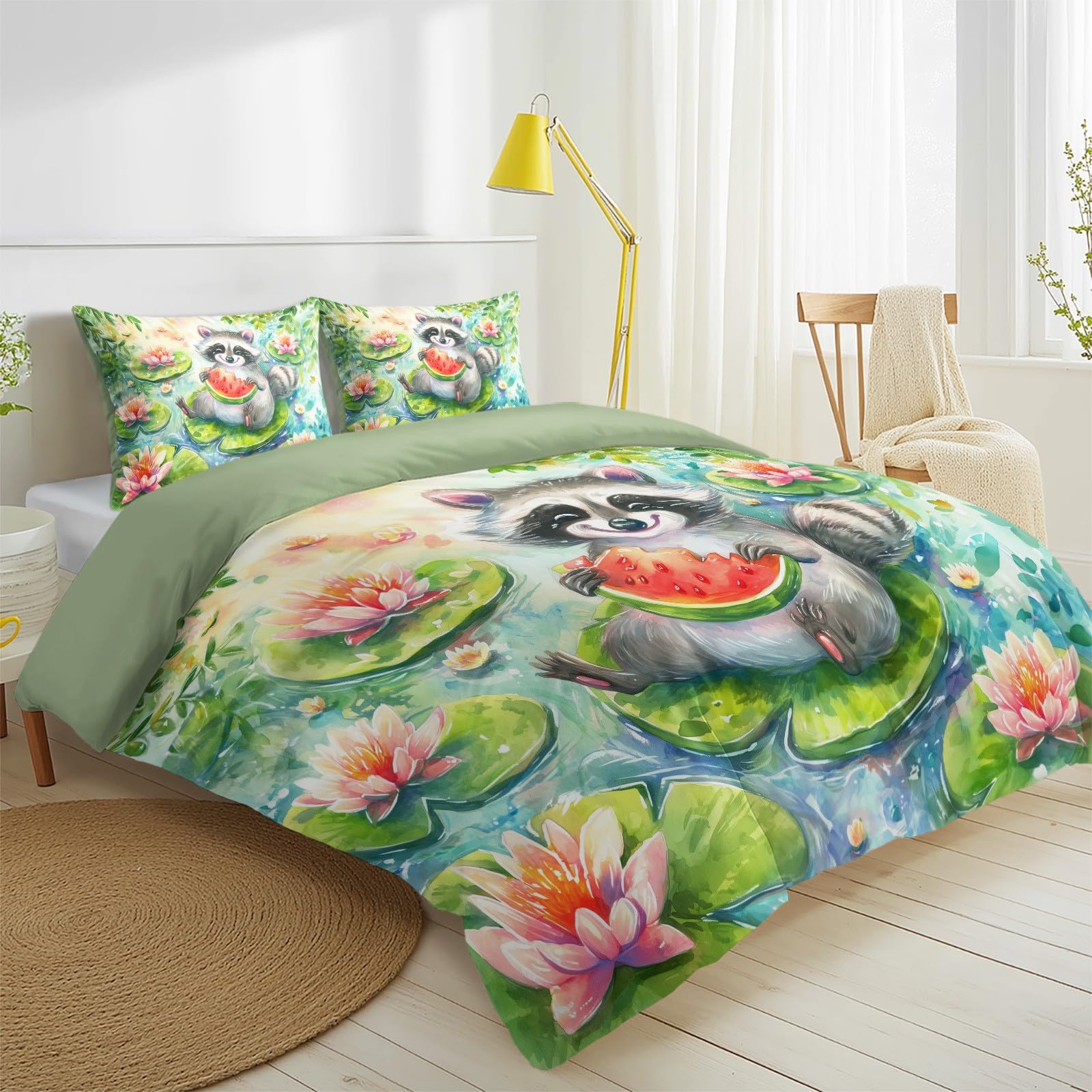 Generisch 2-częściowy komplet pościeli ze zwierzętami z kreskówki, 135 x 200 cm, uspokajający miś i arbuz, miękka pościel z mikrofibry, dwustronna pościel z 1 poszewką na poduszkę, zielona