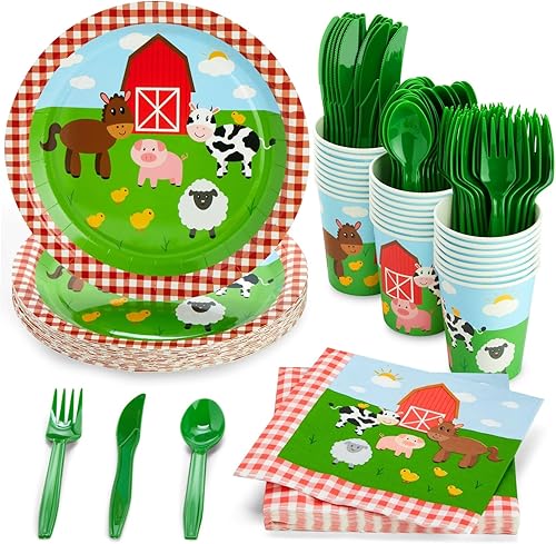 Juvale Farm - Decoraciones para fiestas temáticas – Juego de 144 piezas, sirve 24, platos de 9 pulgadas y tazas de 9 onzas, diseño de animales a