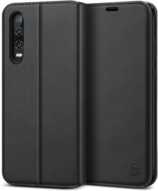 BEZ Huawei P30 Case, Huawei P30 Phone Case Compatible with Huawei P30, Protective PU Leather Wallet Flip Cover with a Card Holder, Kick Stand, Magnetic Closure, Black