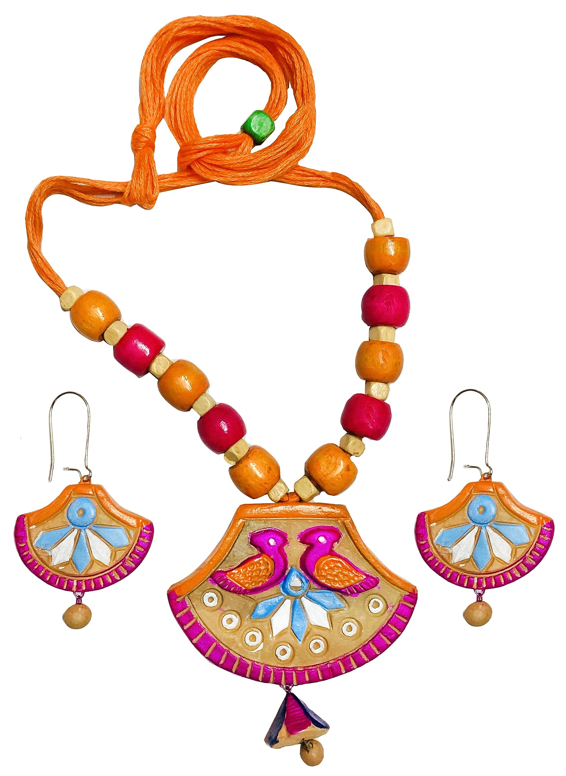 SharanyaD Terracotta Handmade Jewellery Set with necklace and earring, Womens Contemporary Terracotta Necklace - Bird orange pink blue (B0CDS22DS6) Amazon Price History, Amazon Price Tracker