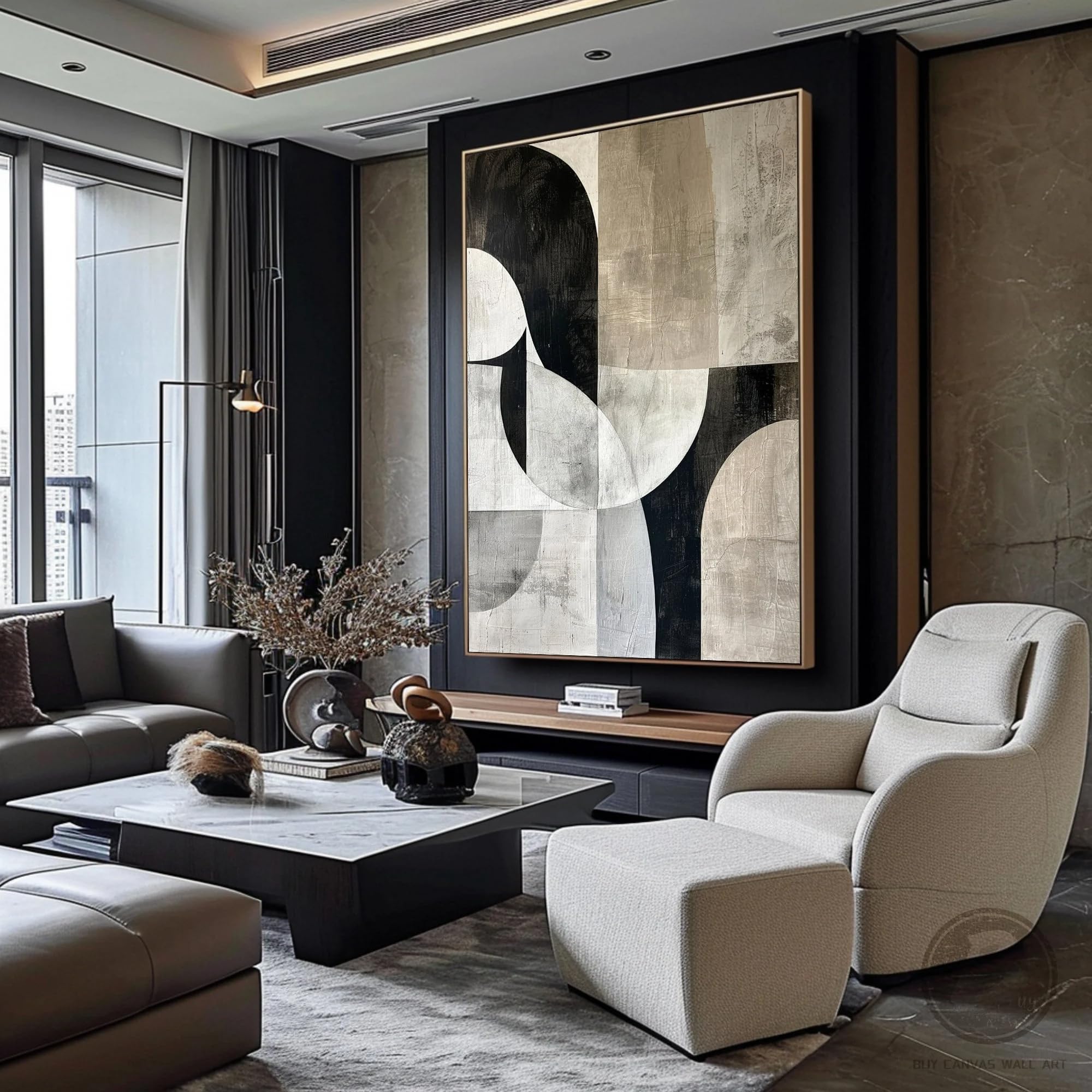 UUDEZO Cuadro al óleo geométrico abstracto en tonos beige, gran obra de arte para pared en tonos beige y negro, decoración neutra (90x110 cm (35x43 pulgadas)
