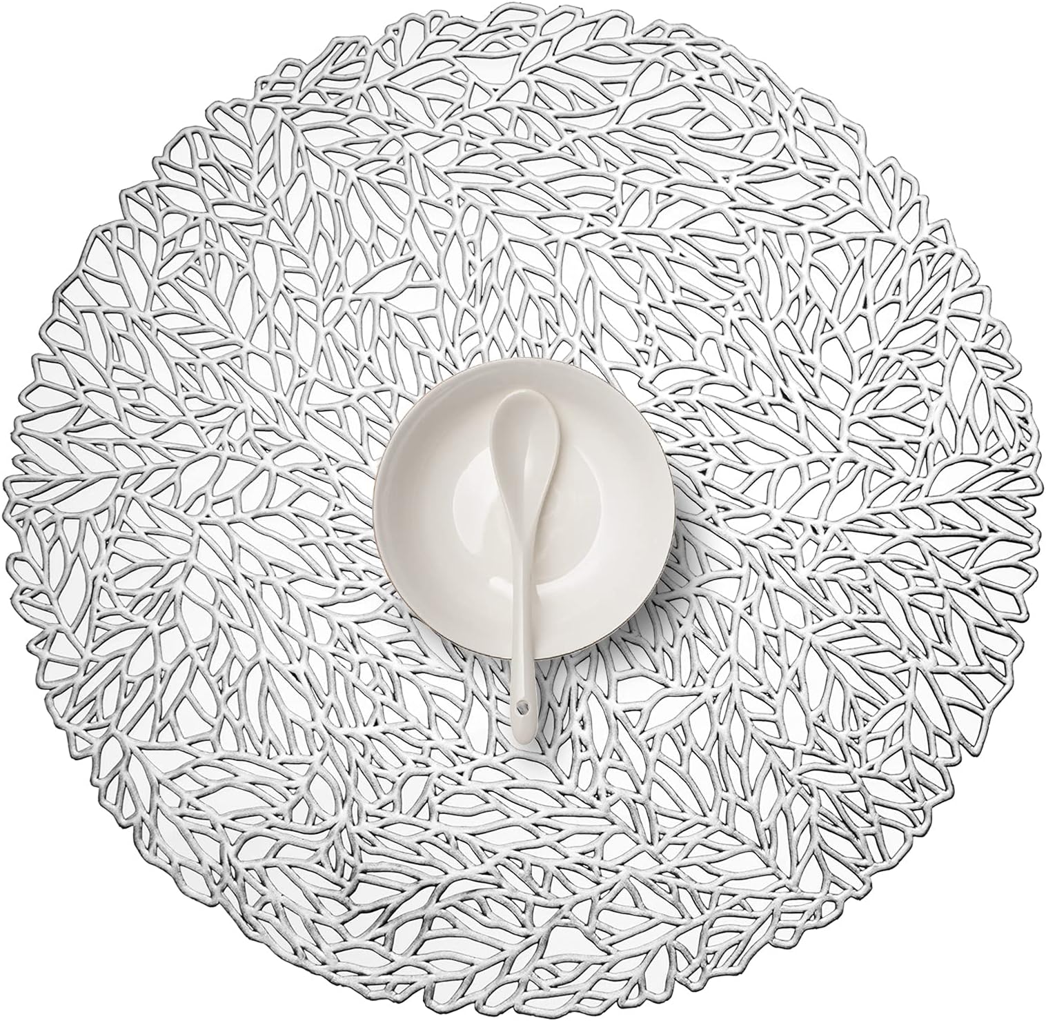 FunWheat Round Metallic Sliver Vinyl Placemats Set of 6 15 inches Hollow Out Placemats Heat-Resistant Place mats Shining Table Mat (Coral Sliver)